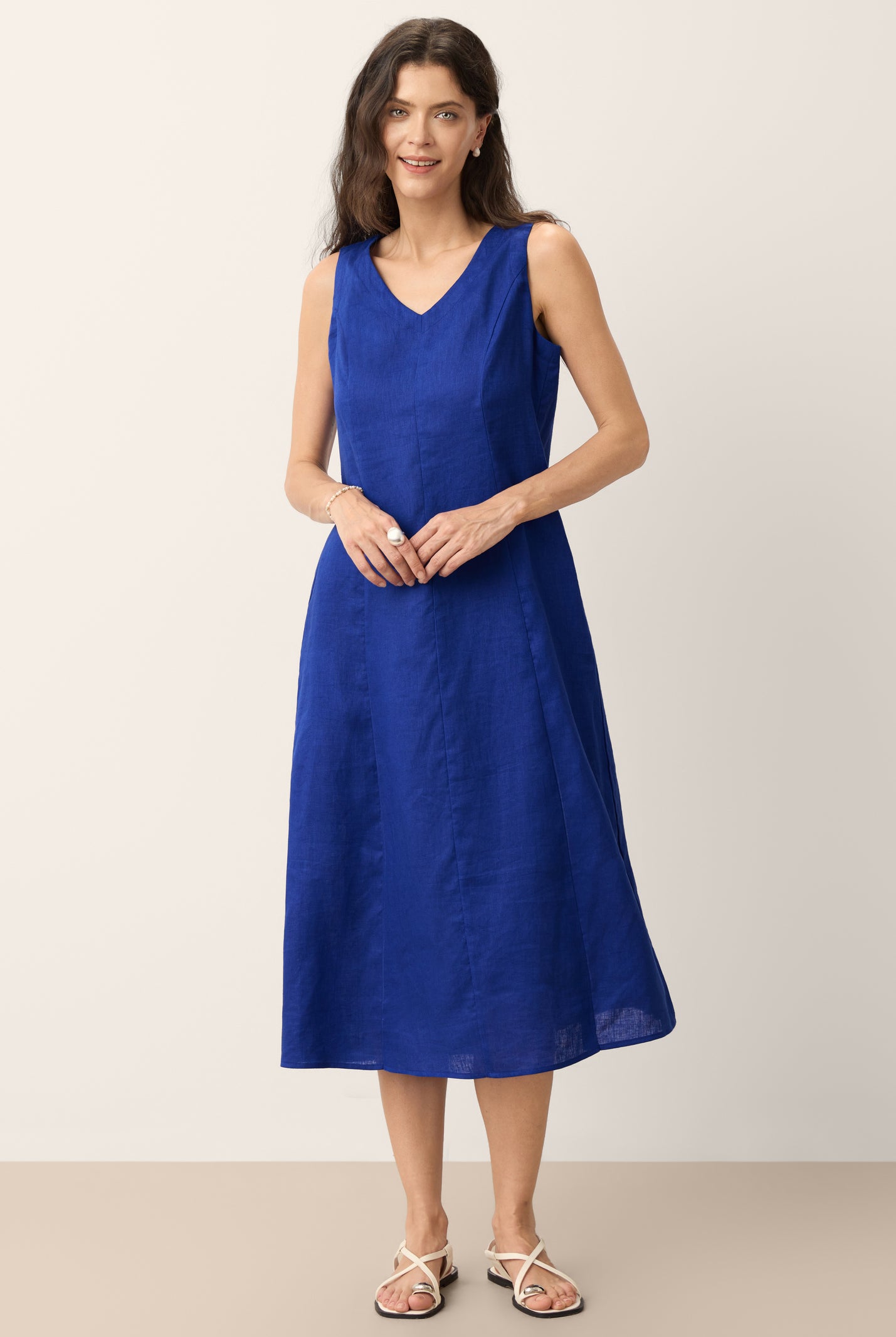 100% Linen Sleeveless V-Neck A-Line Midi Dress MARCELINE by LINTICO for women