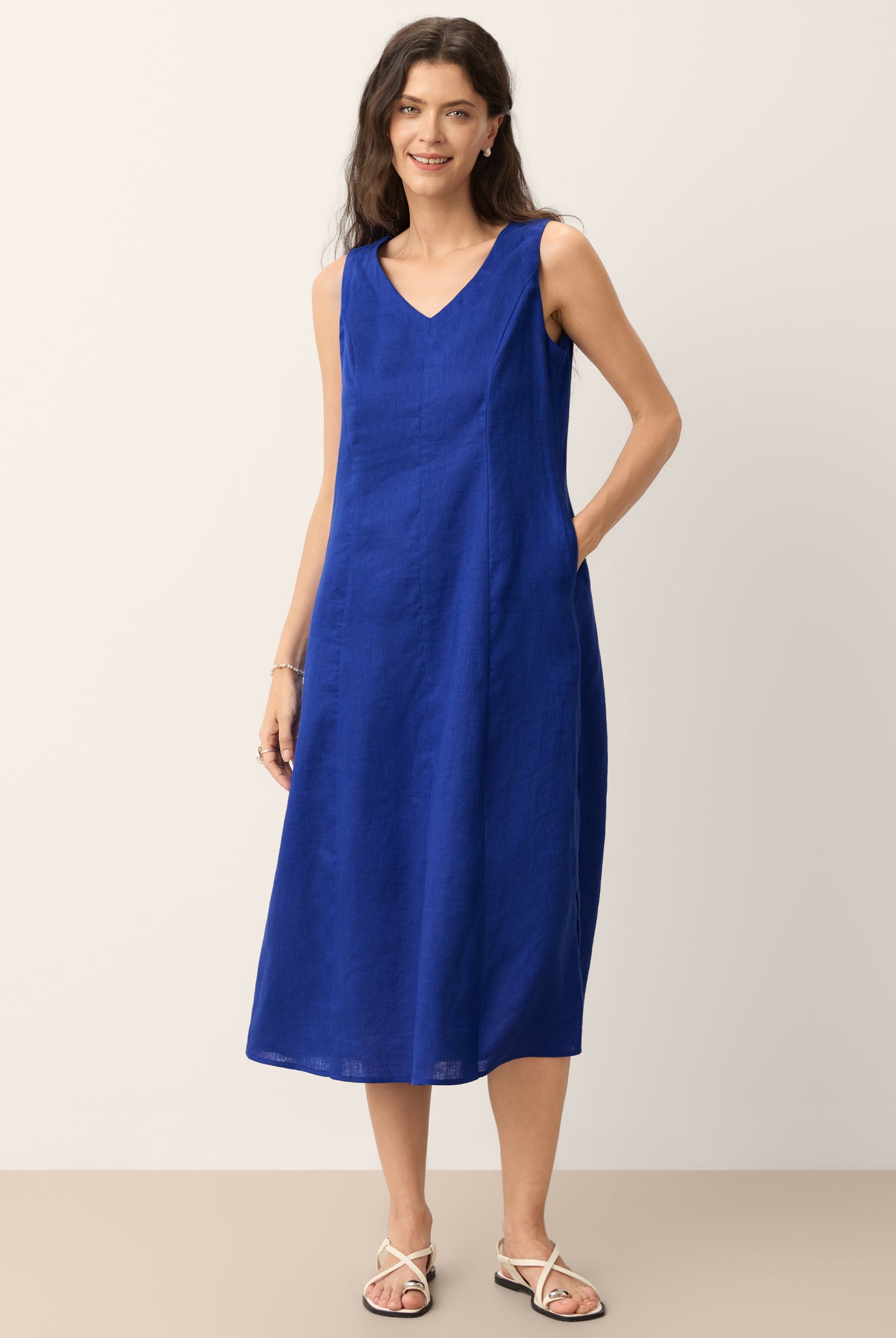 100% Linen Sleeveless V-Neck A-Line Midi Dress MARCELINE by LINTICO for women