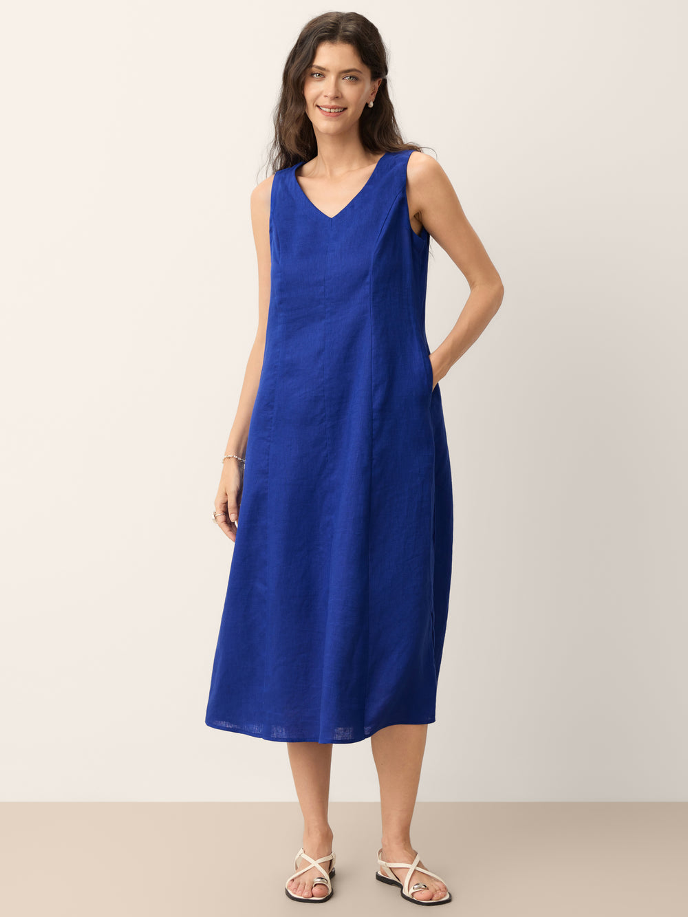 100% Linen Sleeveless V-Neck A-Line Midi Dress MARCELINE