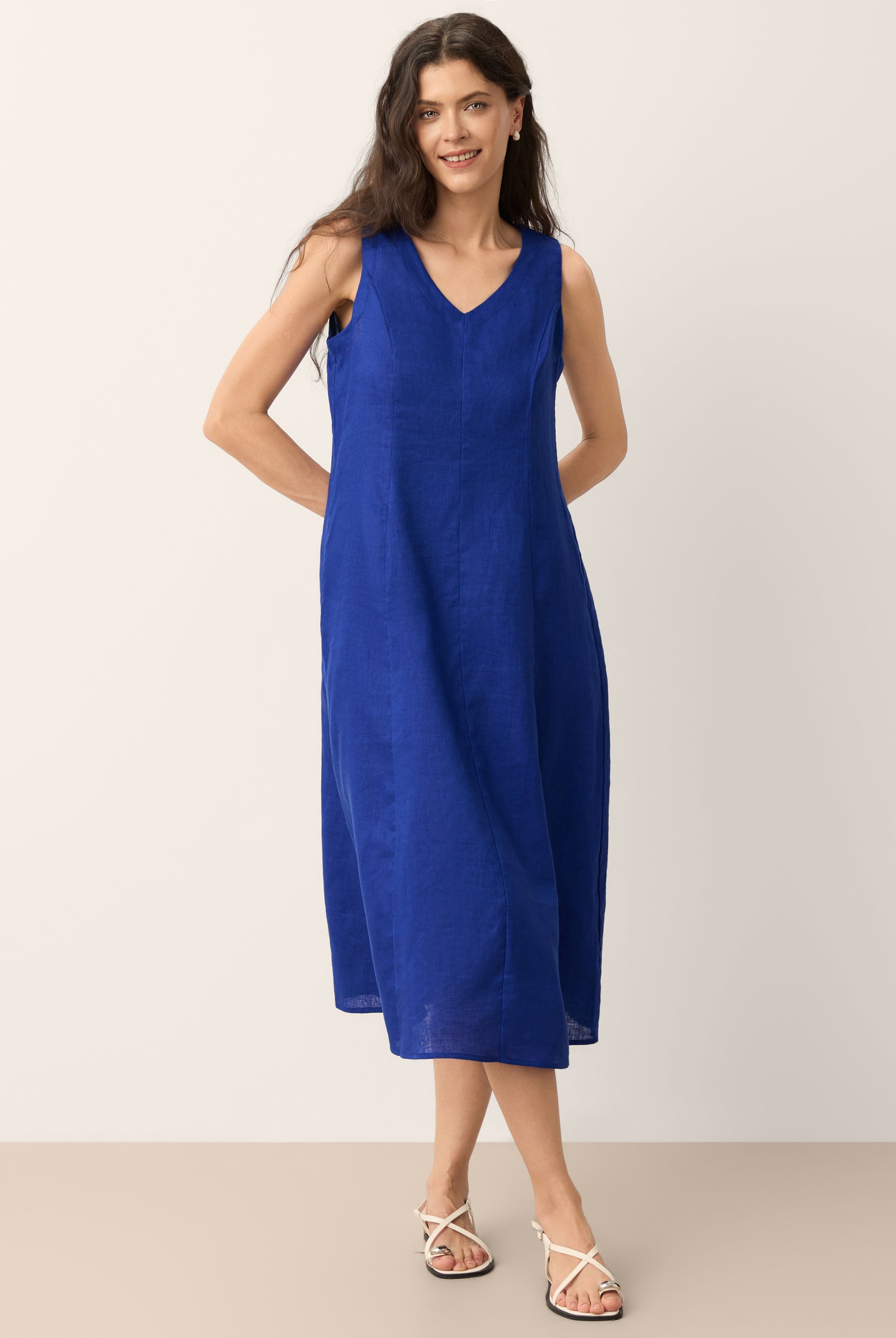 100% Linen Sleeveless V-Neck A-Line Midi Dress MARCELINE by LINTICO for women
