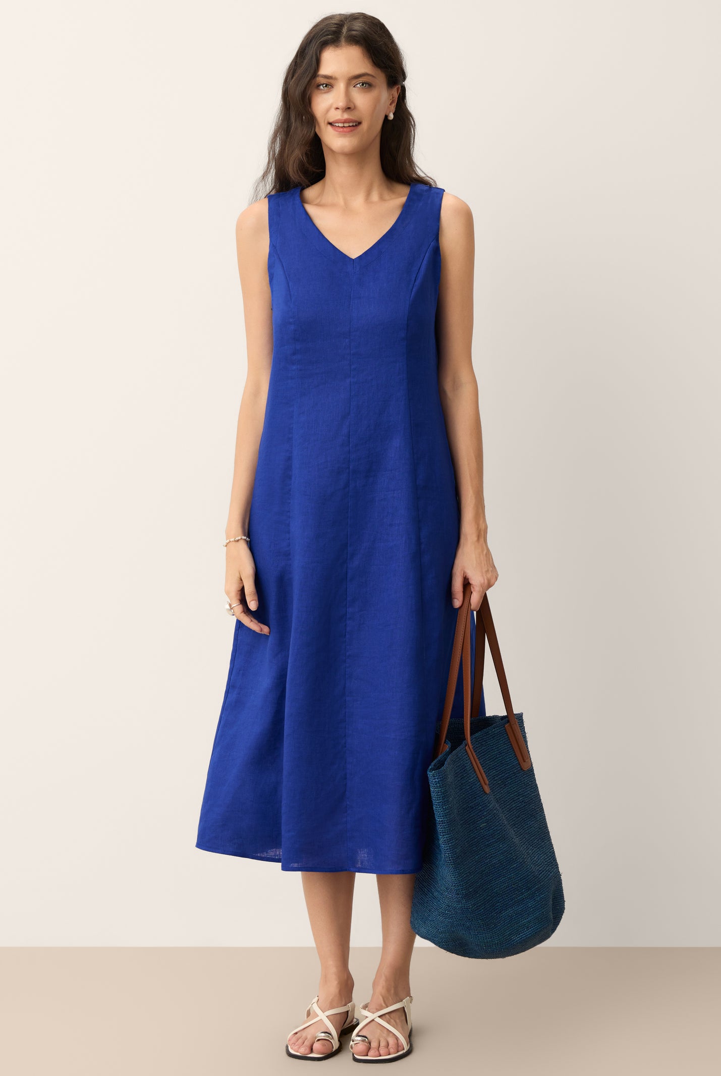 100% Linen Sleeveless V-Neck A-Line Midi Dress MARCELINE by LINTICO for women