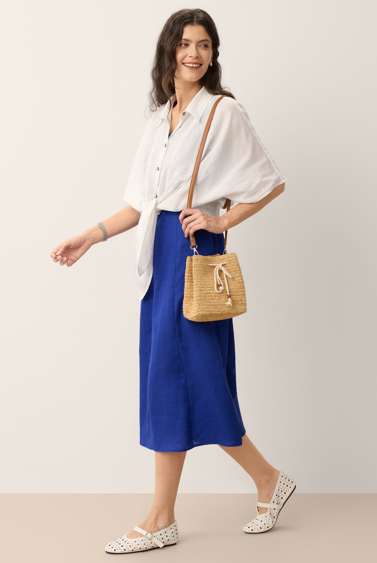 100% Linen Sleeveless V-Neck A-Line Midi Dress MARCELINE by LINTICO for women