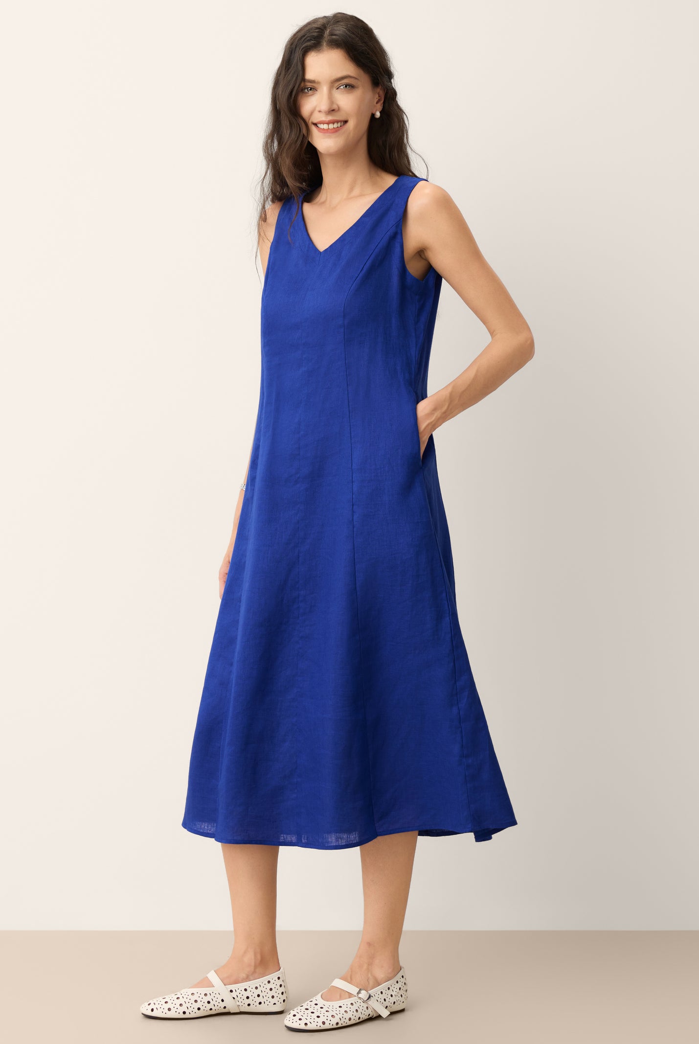 100% Linen Sleeveless V-Neck A-Line Midi Dress MARCELINE by LINTICO for women