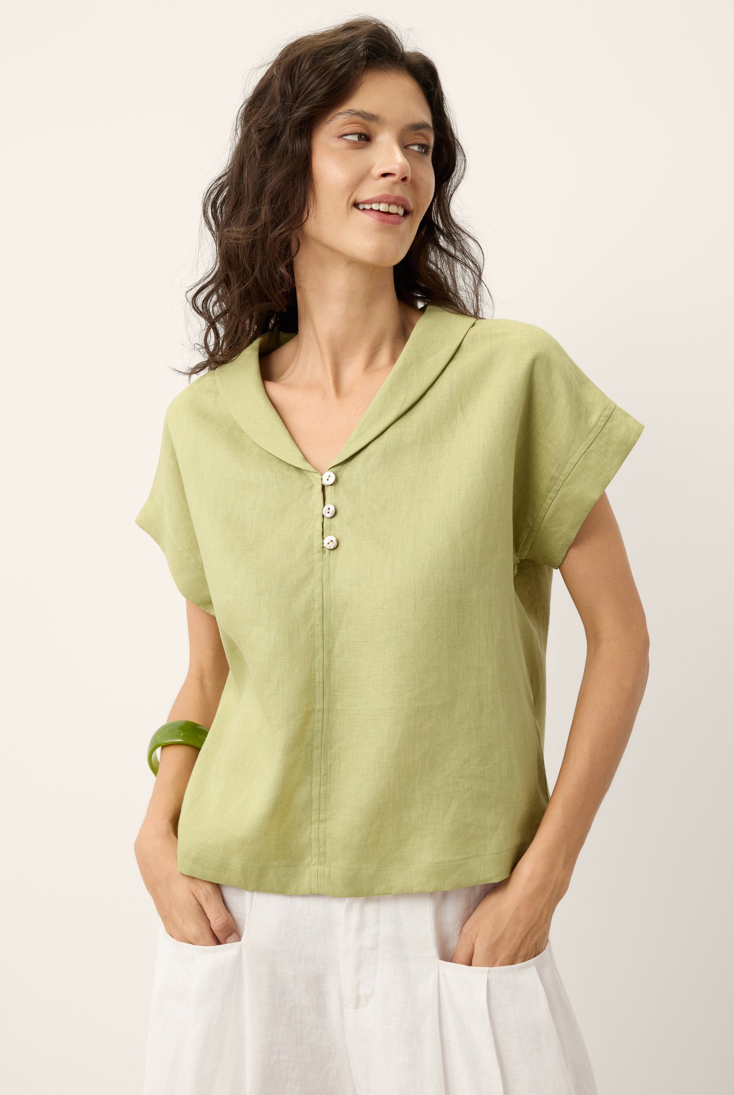 100% Linen Soft Collar Shell Button Rolled Cuff Top HELGA by LINTICO for women