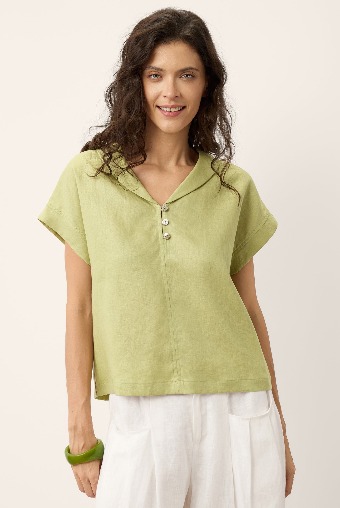 100% Linen Soft Collar Shell Button Rolled Cuff Top HELGA by LINTICO for women