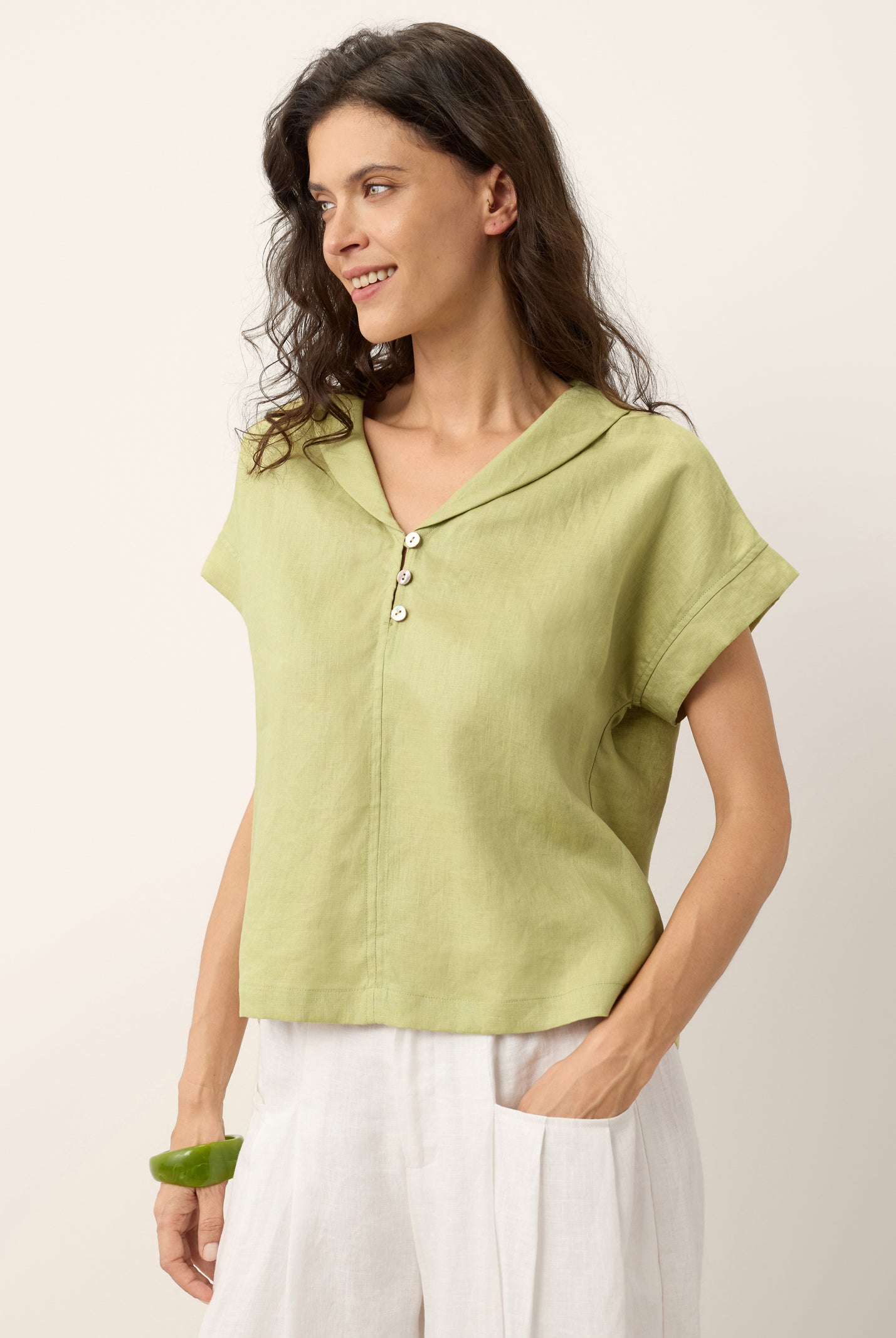 100% Linen Soft Collar Shell Button Rolled Cuff Top HELGA by LINTICO for women