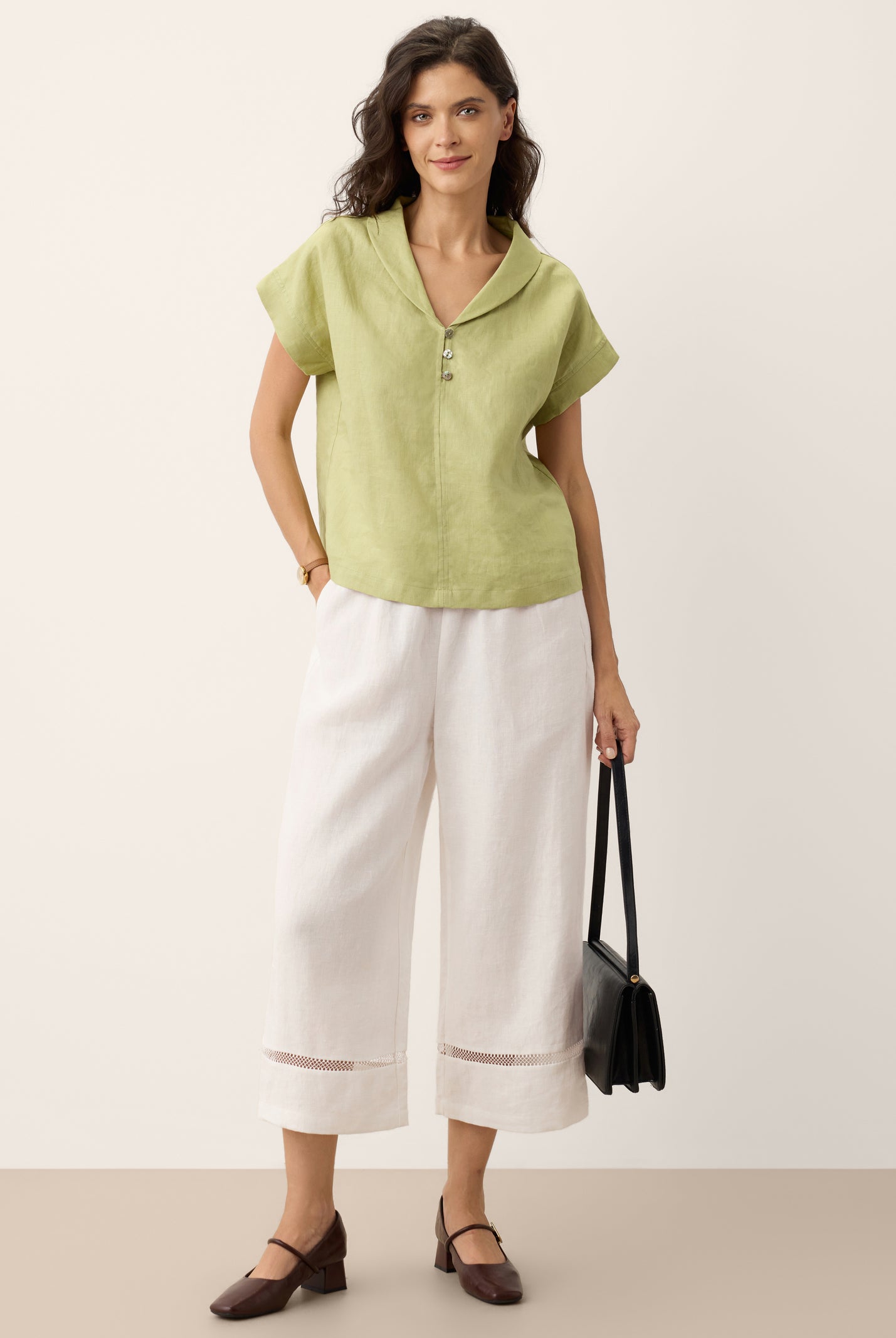 100% Linen Soft Collar Shell Button Rolled Cuff Top HELGA by LINTICO for women