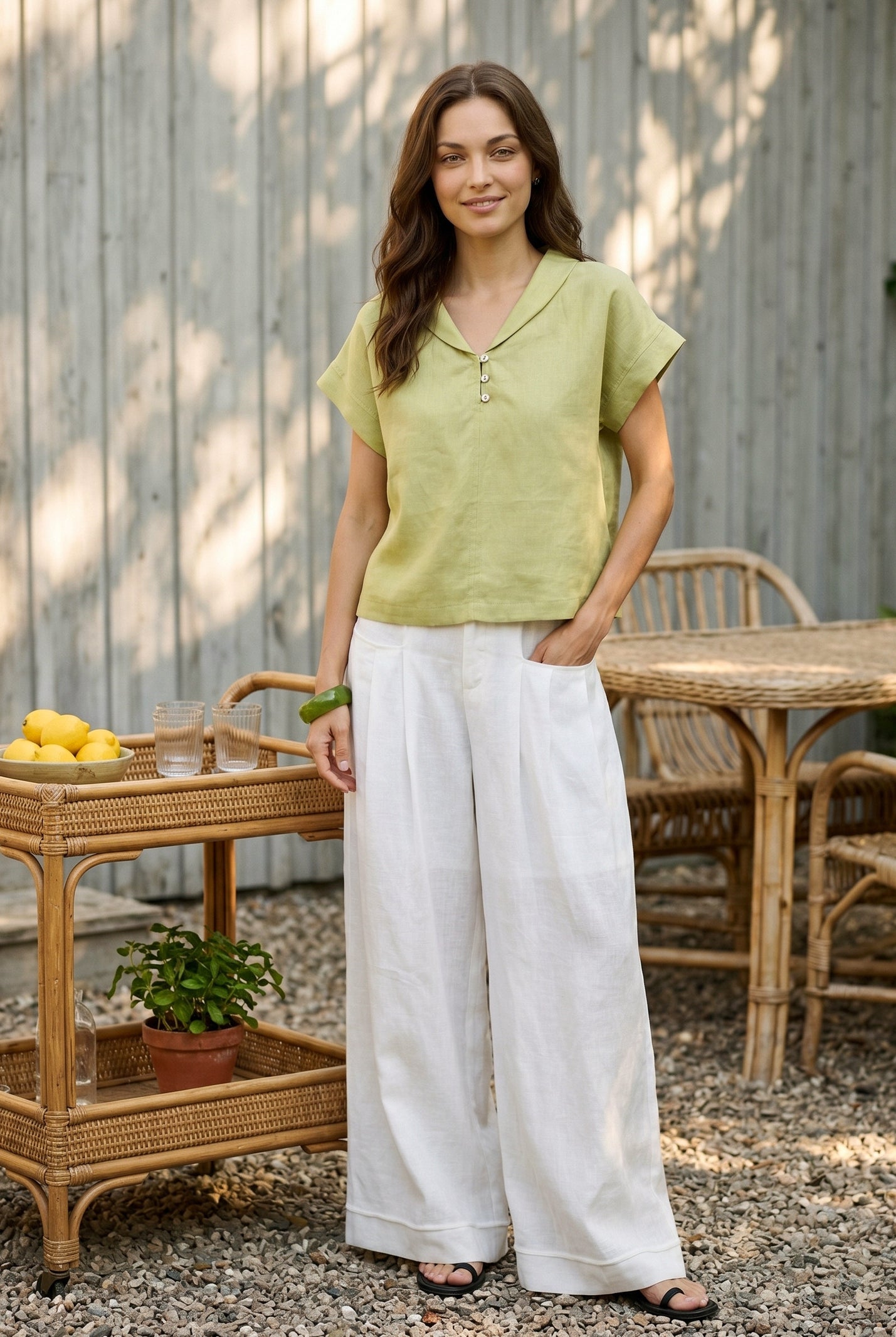 100% Linen Soft Collar Shell Button Rolled Cuff Top HELGA by LINTICO for women