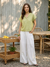 100% Linen Soft Collar Shell Button Rolled Cuff Top HELGA by LINTICO for women
