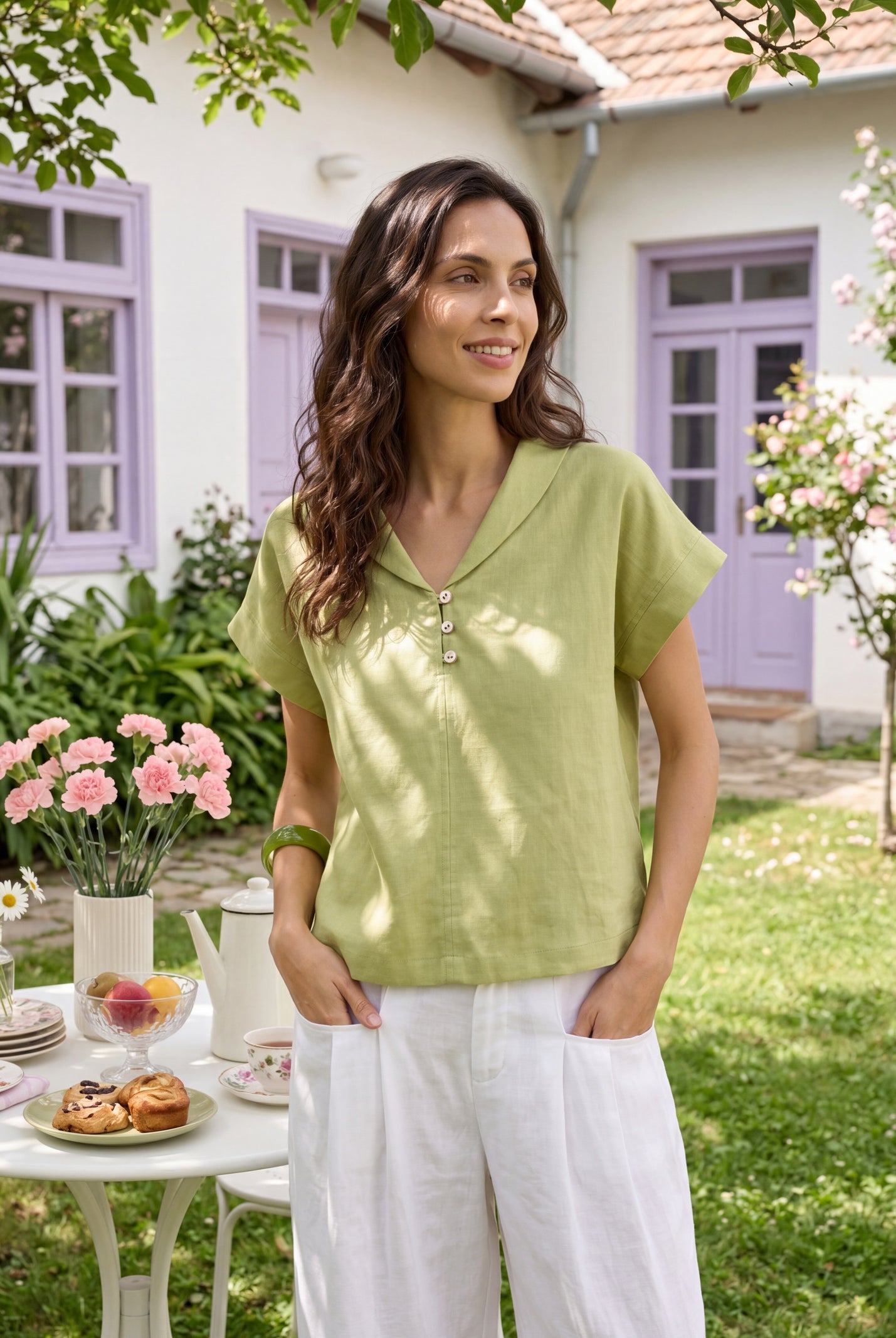 100% Linen Soft Collar Shell Button Rolled Cuff Top HELGA by LINTICO for women