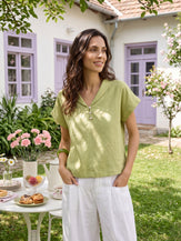 100% Linen Soft Collar Shell Button Rolled Cuff Top HELGA by LINTICO for women