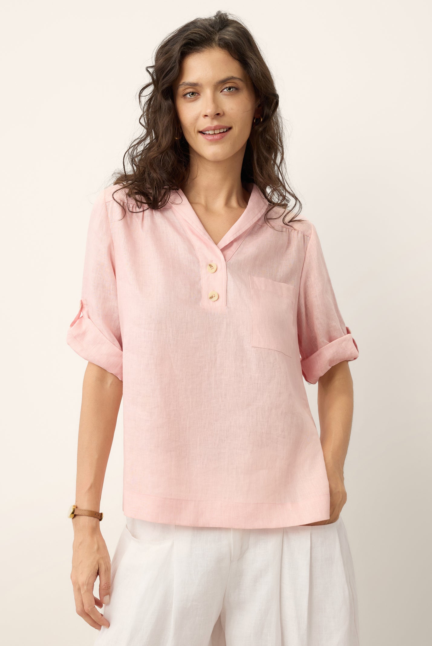 100% Linen Soft Collar Tab Sleeve Top OLGA by LINTICO for women