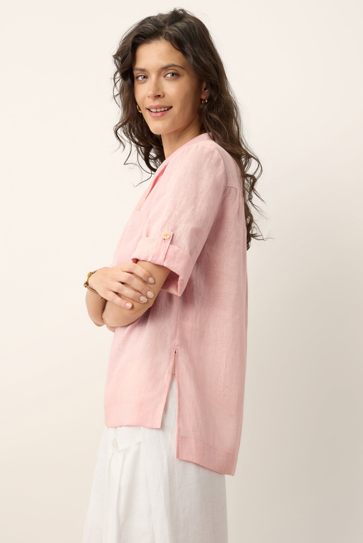 100% Linen Soft Collar Tab Sleeve Top OLGA by LINTICO for women