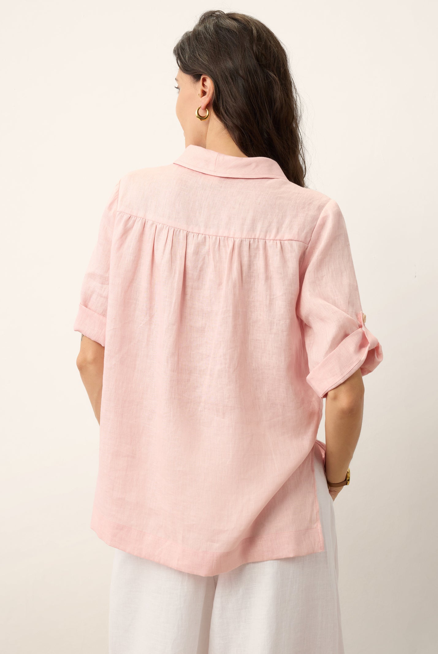 100% Linen Soft Collar Tab Sleeve Top OLGA by LINTICO for women