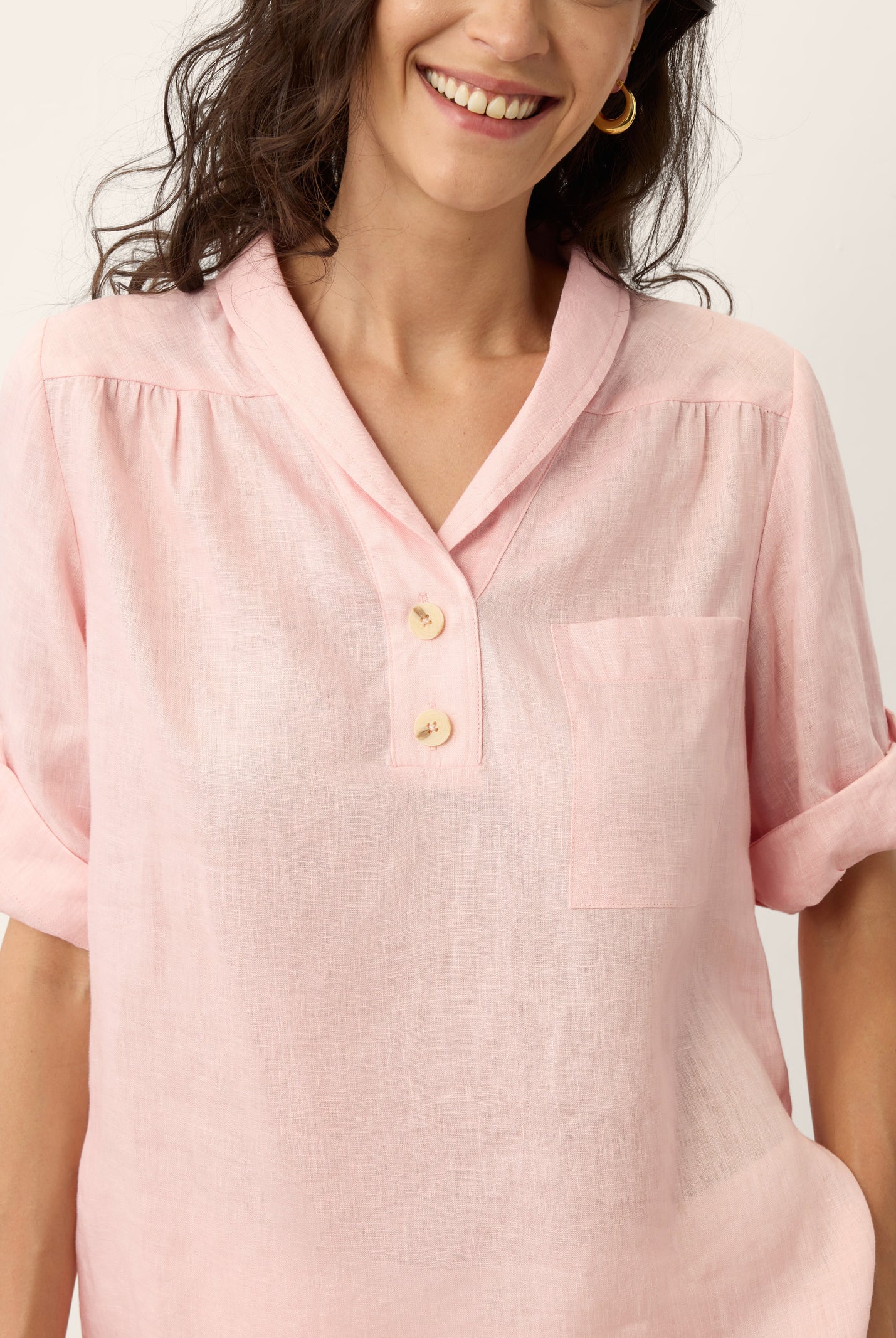 100% Linen Soft Collar Tab Sleeve Top OLGA by LINTICO for women