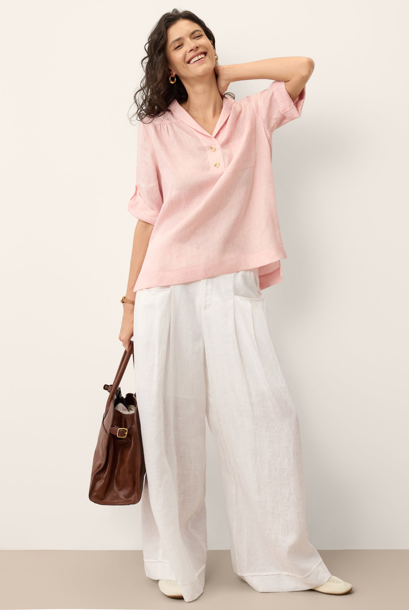 100% Linen Soft Collar Tab Sleeve Top OLGA by LINTICO for women
