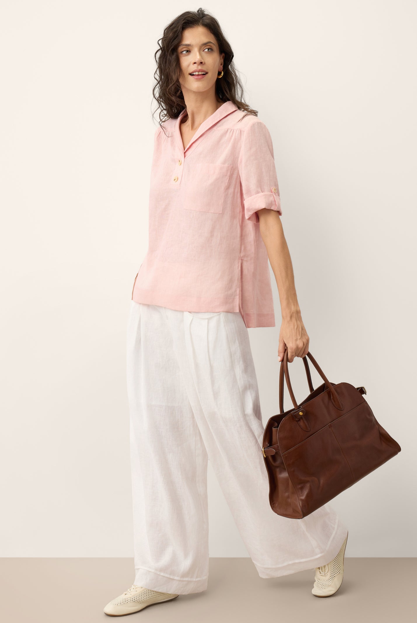 100% Linen Soft Collar Tab Sleeve Top OLGA by LINTICO for women