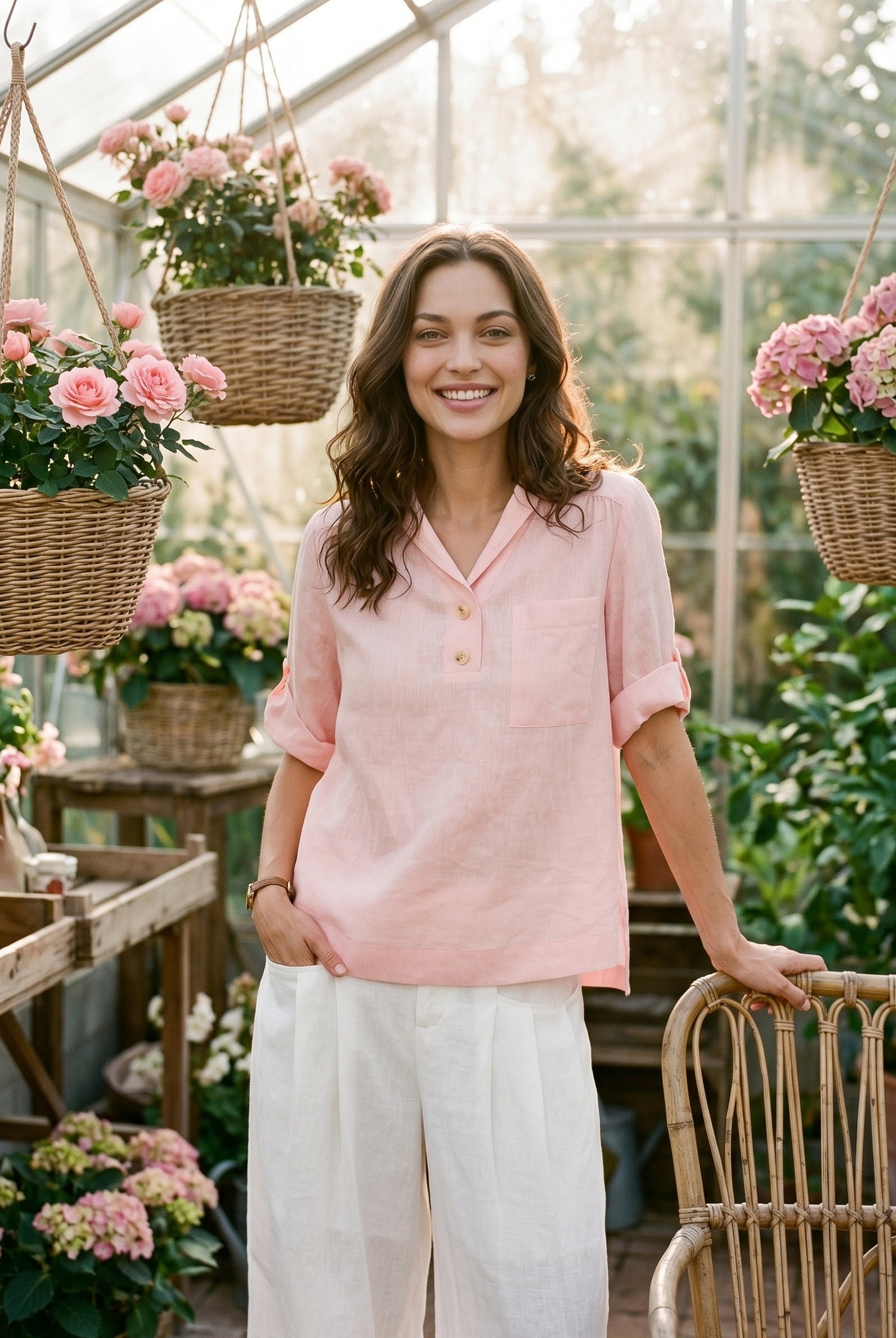 100% Linen Soft Collar Tab Sleeve Top OLGA by LINTICO for women