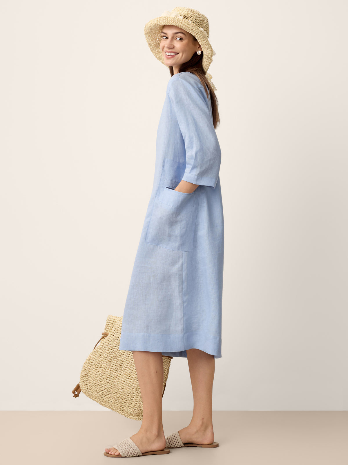 100% Linen Split-Neck Patch-Pocket Mini Dress KALINA by LINTICO for women