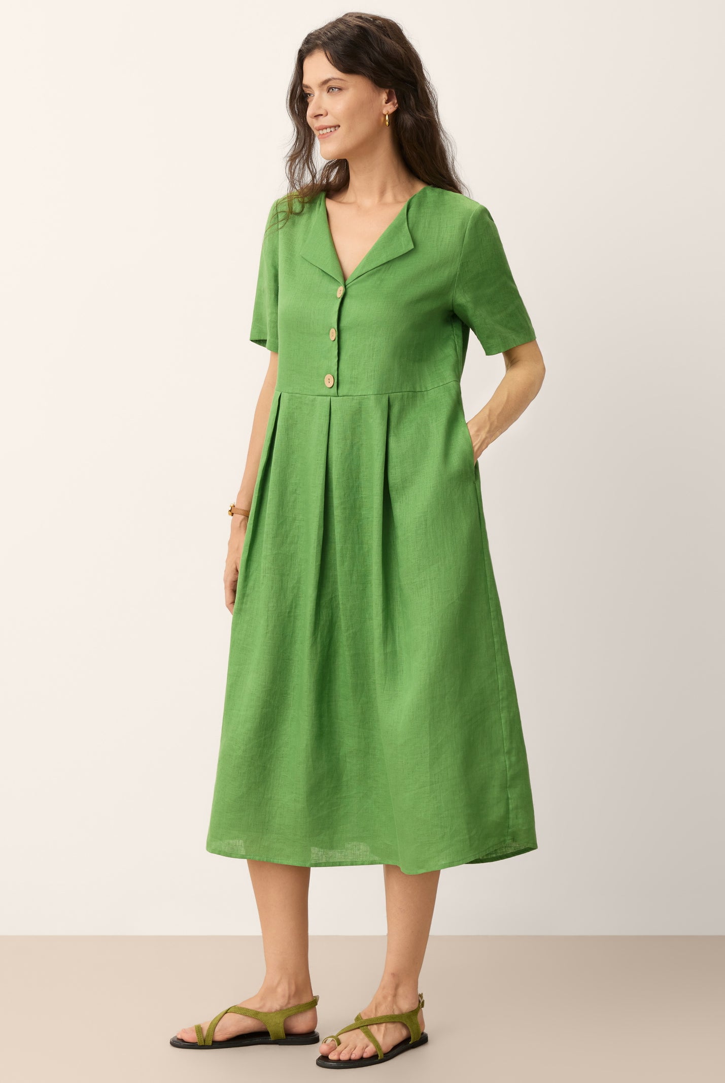 100% Linen Split Neck Button Detail Midi Dress SERAPHINE by LINTICO for women