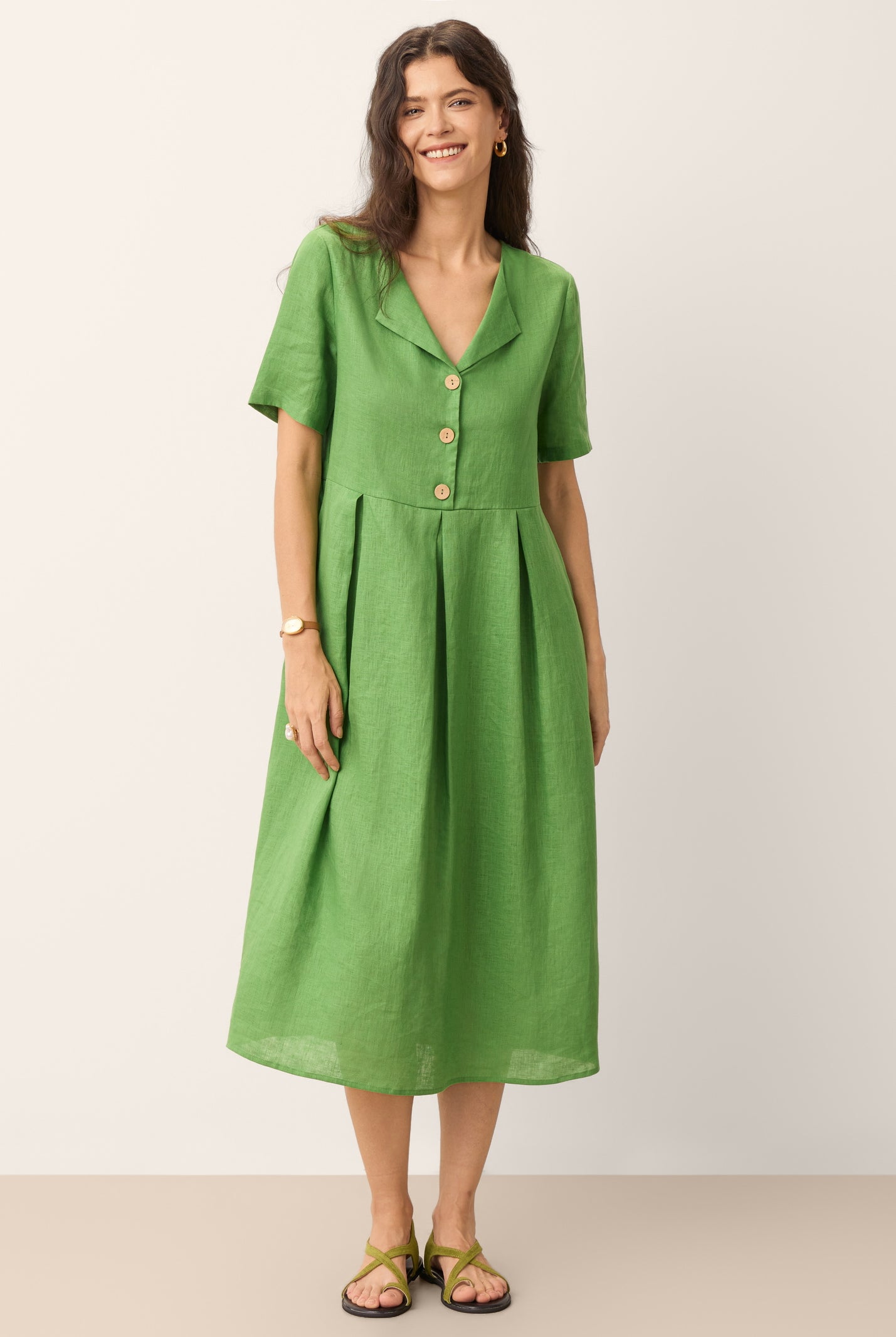 100% Linen Split Neck Button Detail Midi Dress SERAPHINE by LINTICO for women