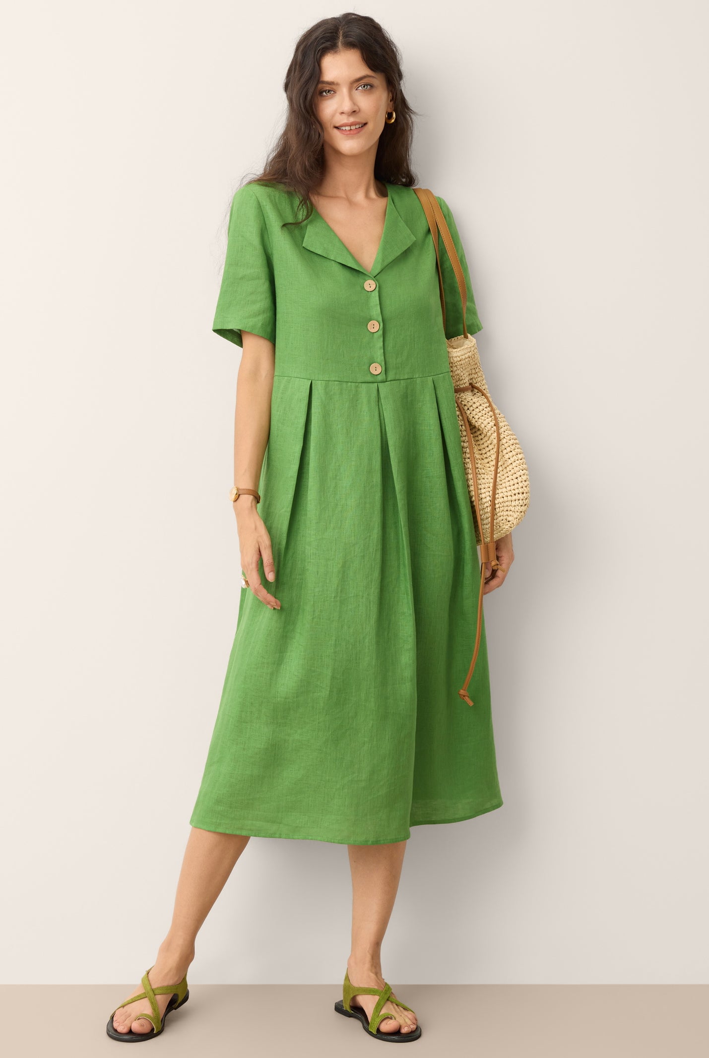 100% Linen Split Neck Button Detail Midi Dress SERAPHINE by LINTICO for women