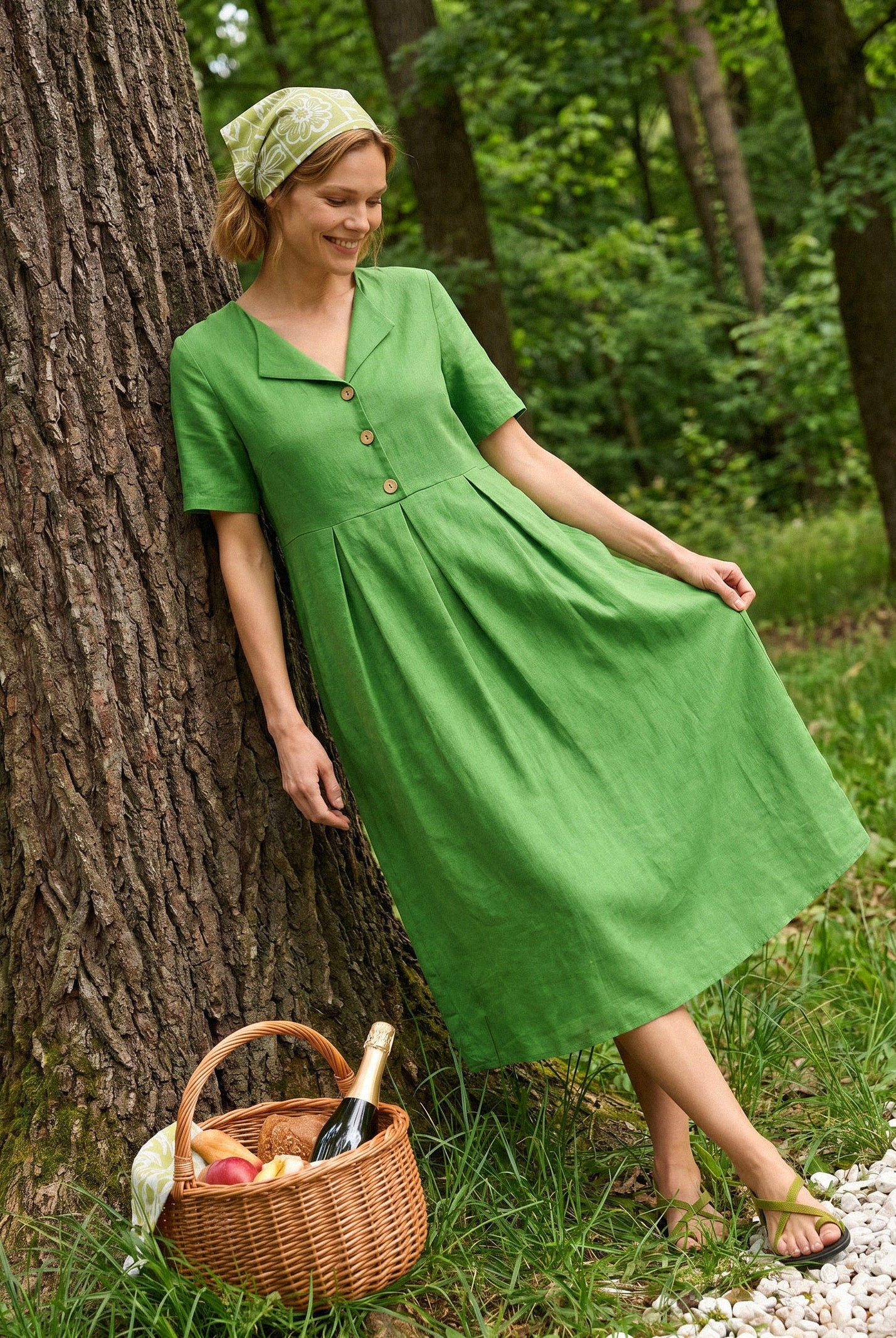 100% Linen Split Neck Button Detail Midi Dress SERAPHINE by LINTICO for women