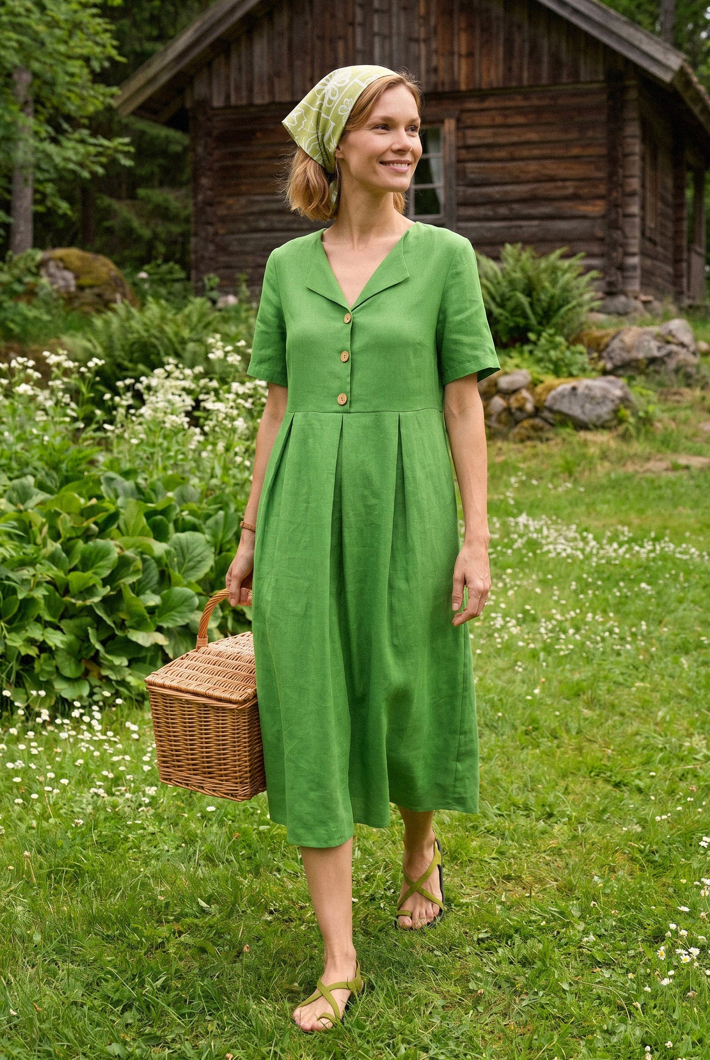100% Linen Split Neck Button Detail Midi Dress SERAPHINE by LINTICO for women
