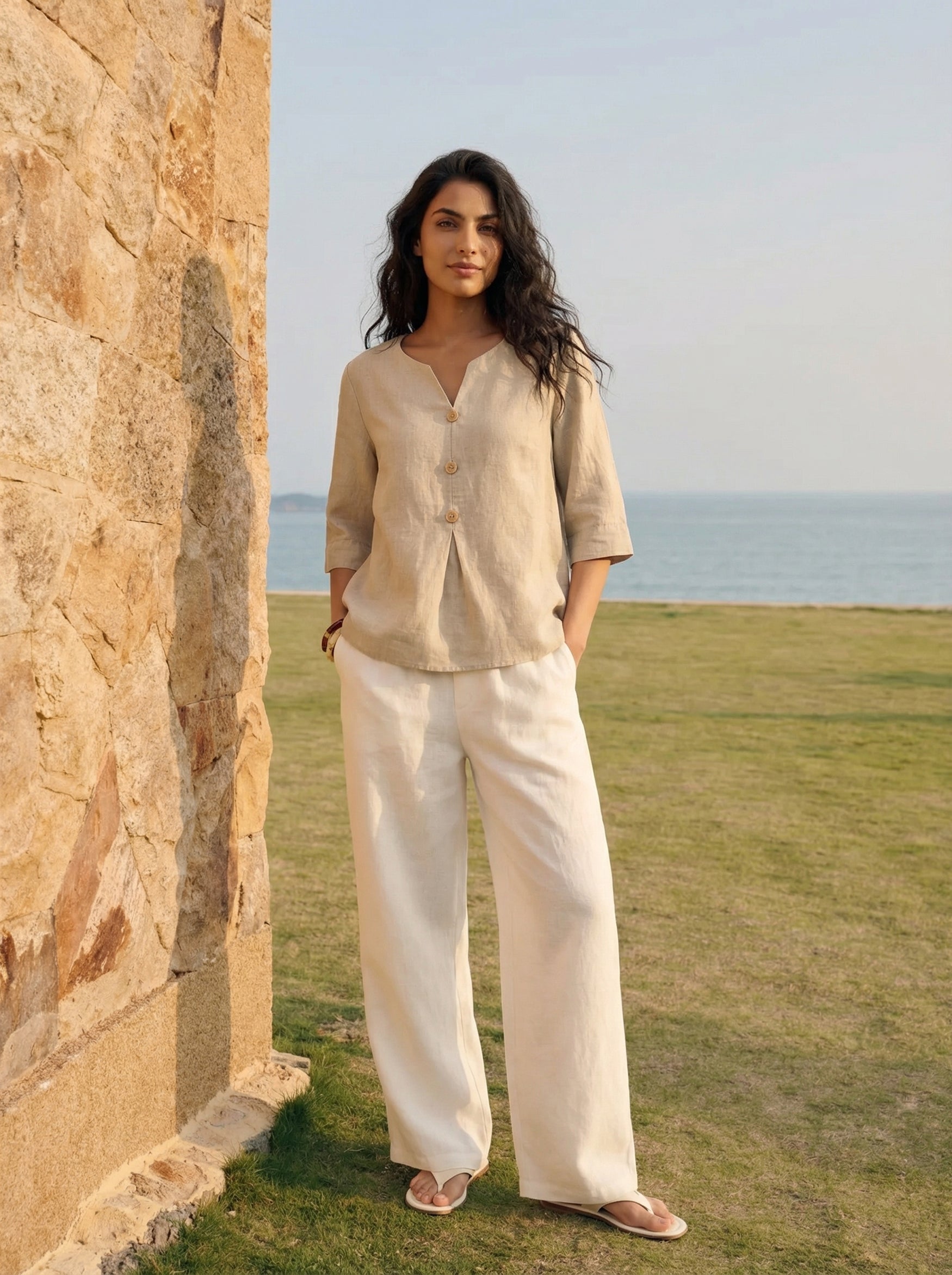 100% Linen Split Neck Inverted Pleat Top TABITHA by LINTICO for women