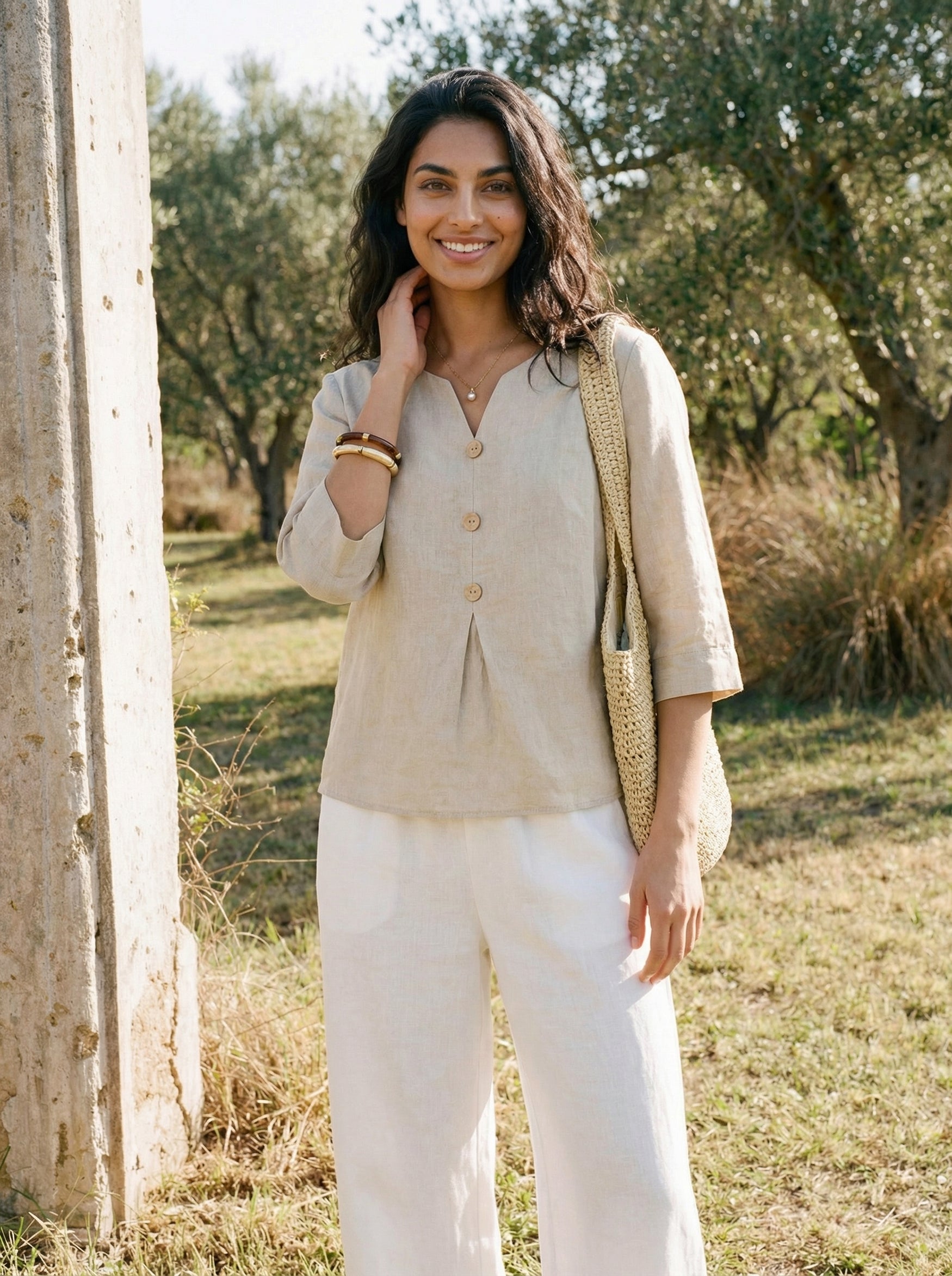 100% Linen Split Neck Inverted Pleat Top TABITHA by LINTICO for women