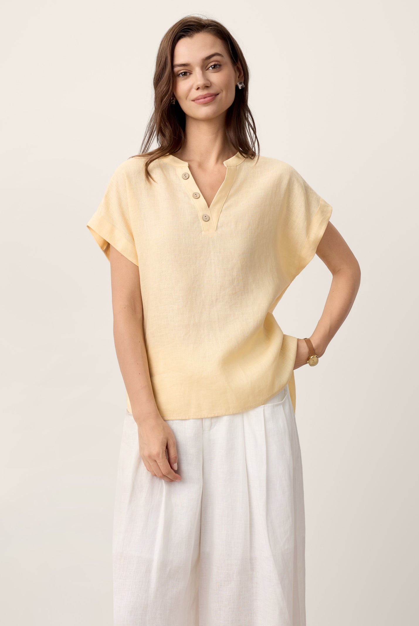 100% Linen Stand-Collar Curved-Hem Top CRESSA by LINTICO for women