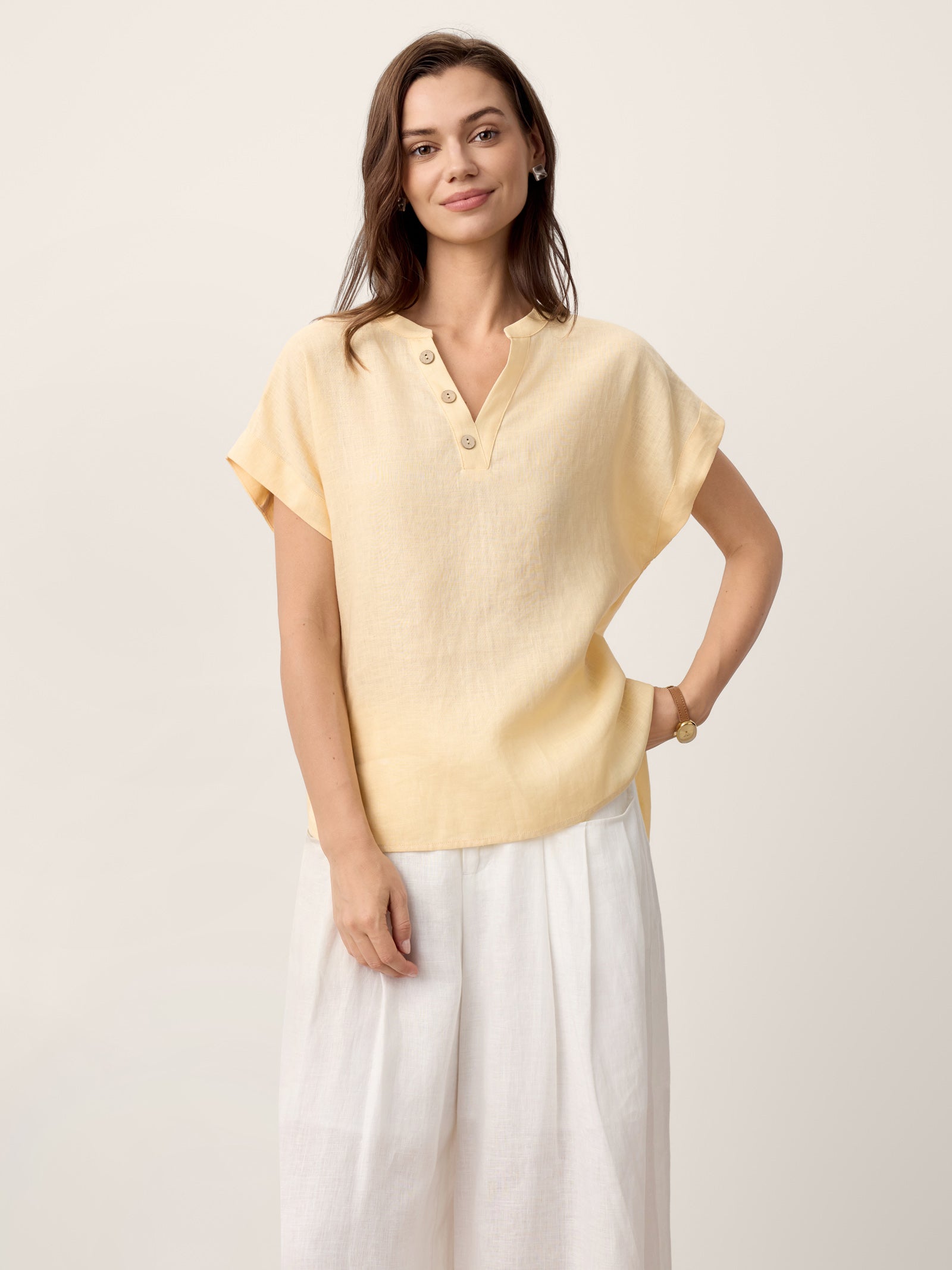 100% Linen Stand-Collar Curved-Hem Top CRESSA by LINTICO for women