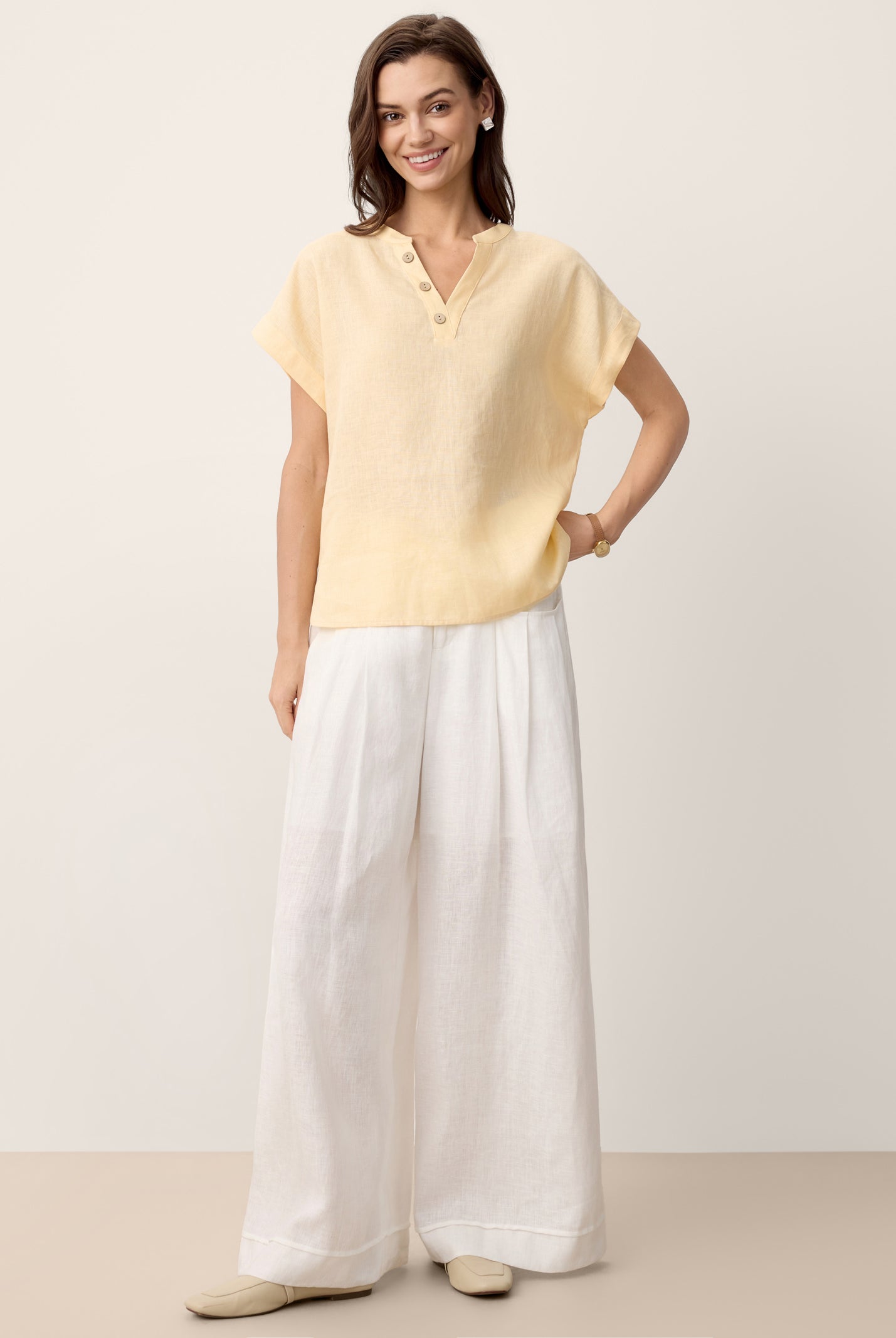 100% Linen Stand-Collar Curved-Hem Top CRESSA by LINTICO for women