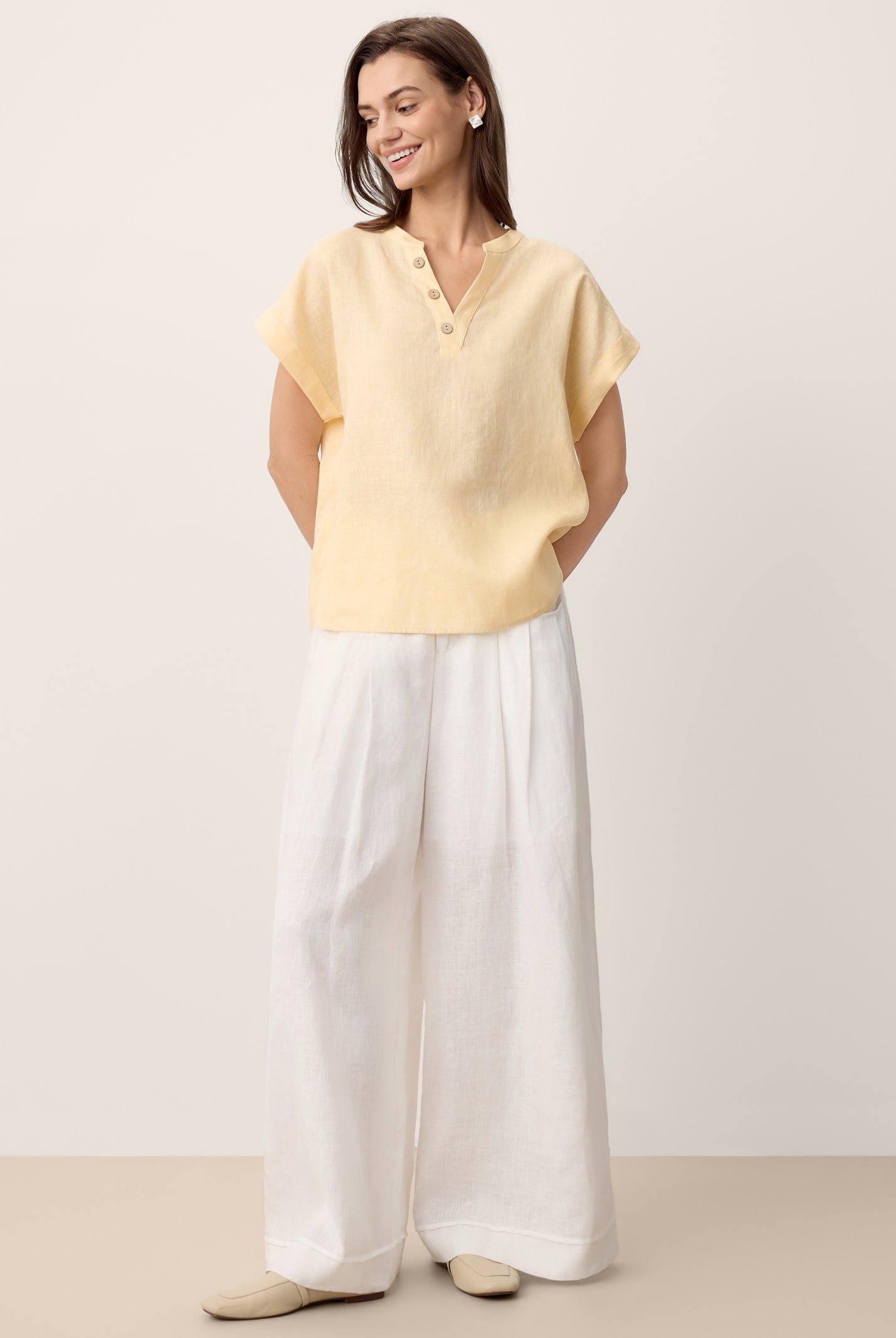 100% Linen Stand-Collar Curved-Hem Top CRESSA by LINTICO for women