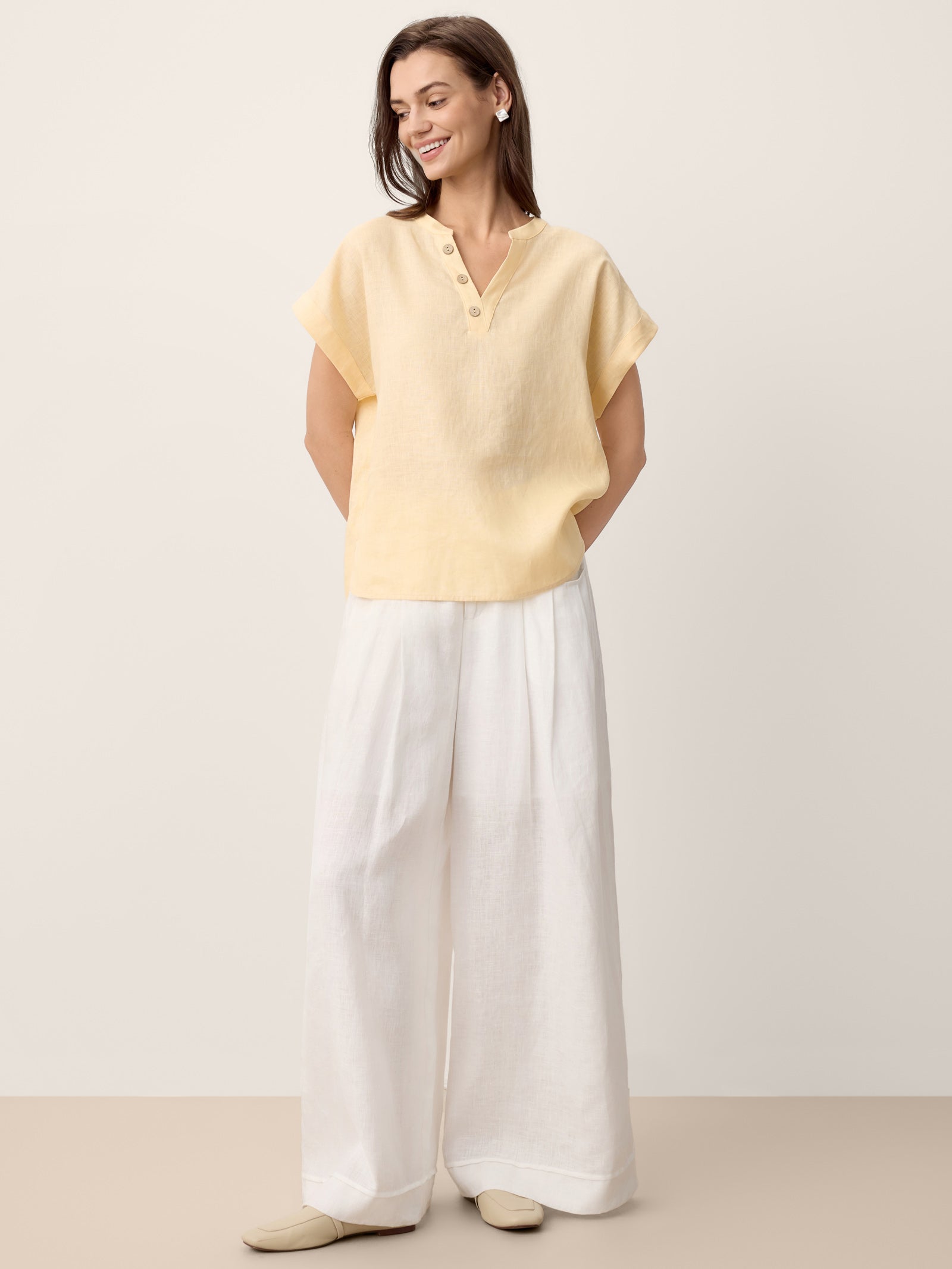100% Linen Stand-Collar Curved-Hem Top CRESSA by LINTICO for women