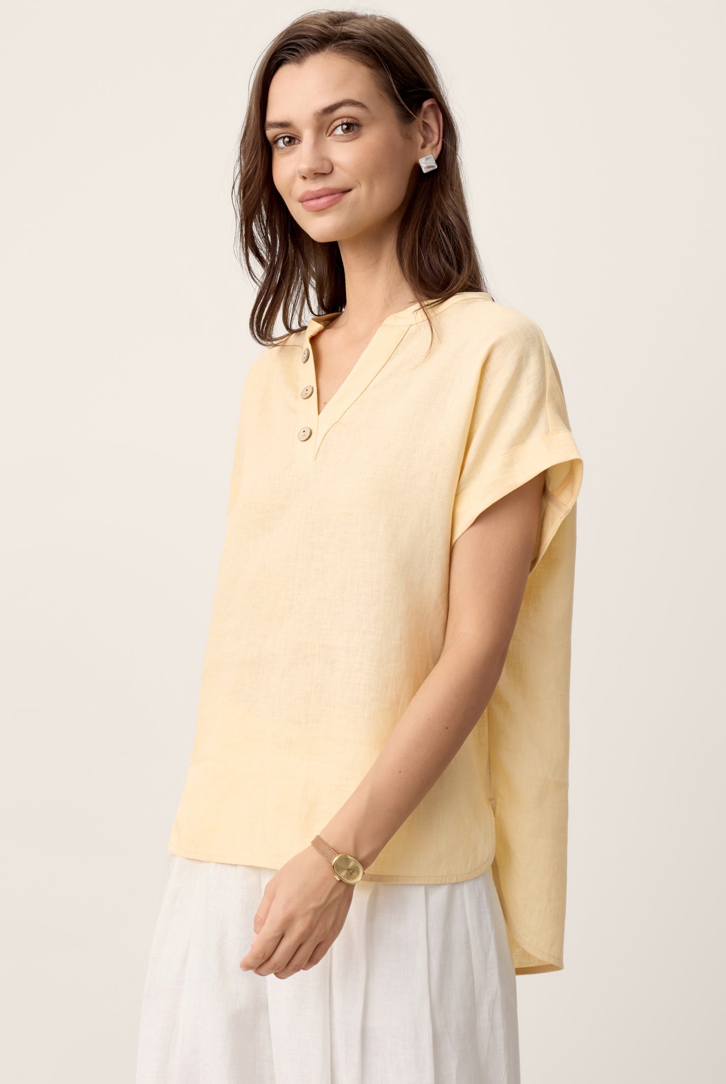 100% Linen Stand-Collar Curved-Hem Top CRESSA by LINTICO for women