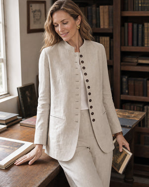 Natural Melange 100% Linen Stand Collar Princess Seam Jacket ALIDA by LINTICO
