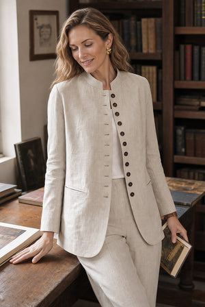 Natural Melange 100% Linen Stand Collar Princess Seam Jacket ALIDA by LINTICO