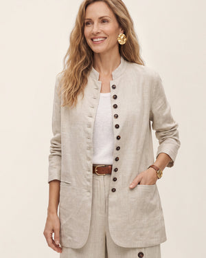 Natural Melange 100% Linen Stand Collar Princess Seam Jacket ALIDA by LINTICO