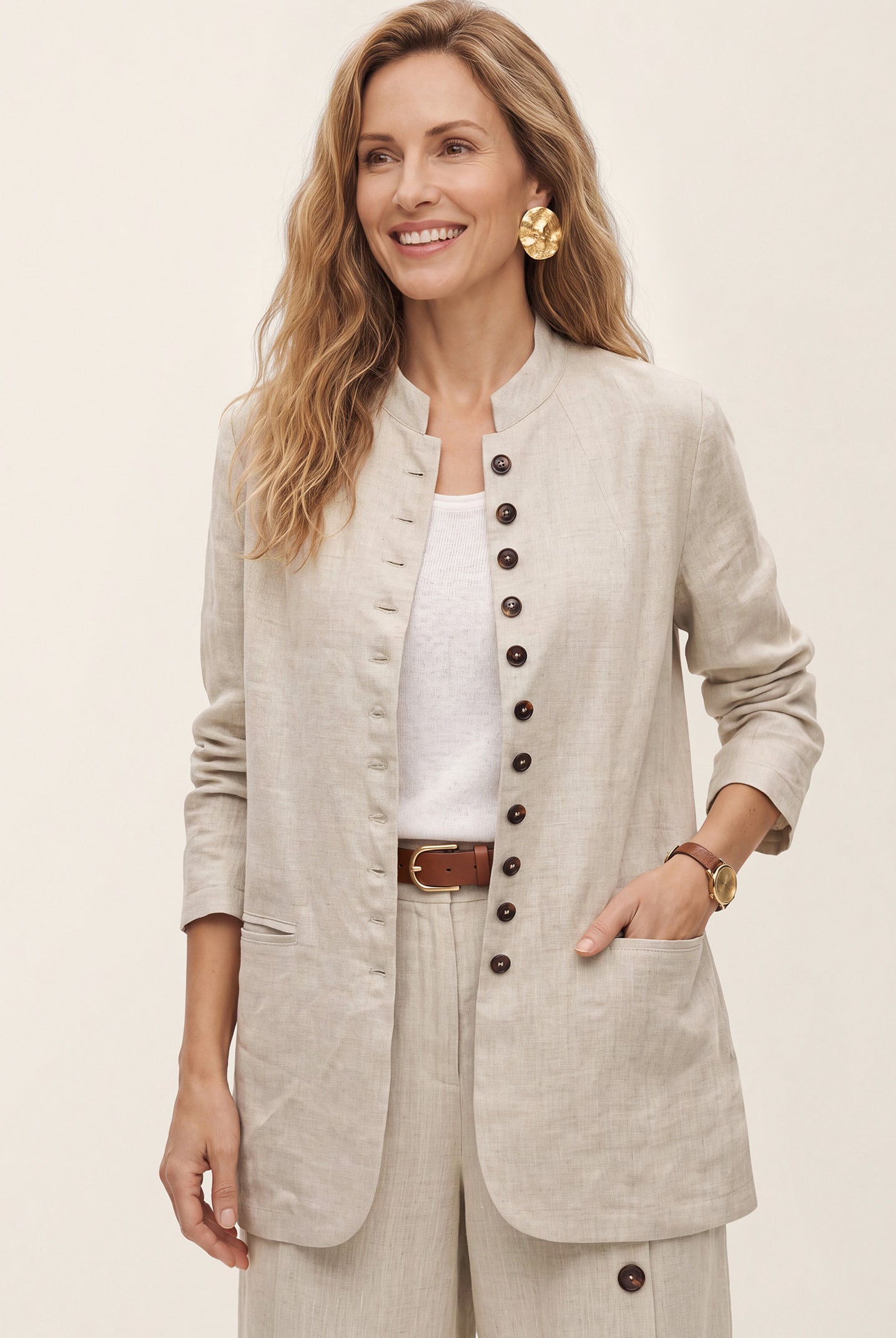 Natural Melange 100% Linen Stand Collar Princess Seam Jacket ALIDA by LINTICO