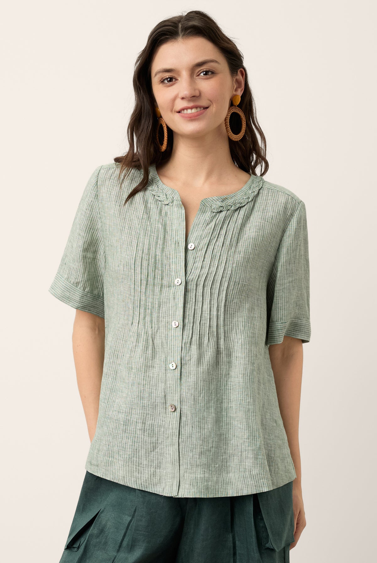 100% Linen Striped Braided Neck Shell Button Top ARDEN by LINTICO for women