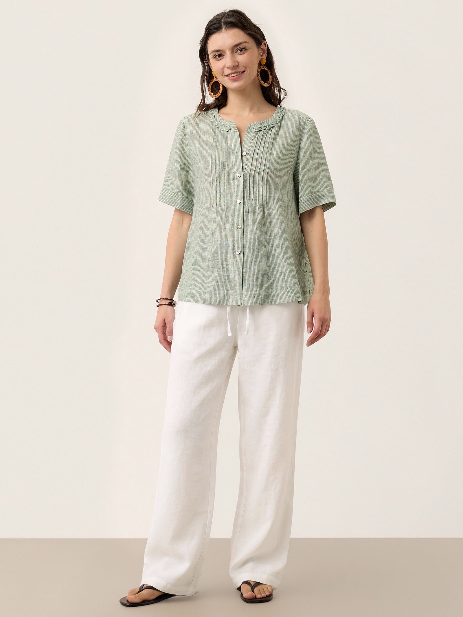 100% Linen Striped Braided Neck Shell Button Top ARDEN by LINTICO for women