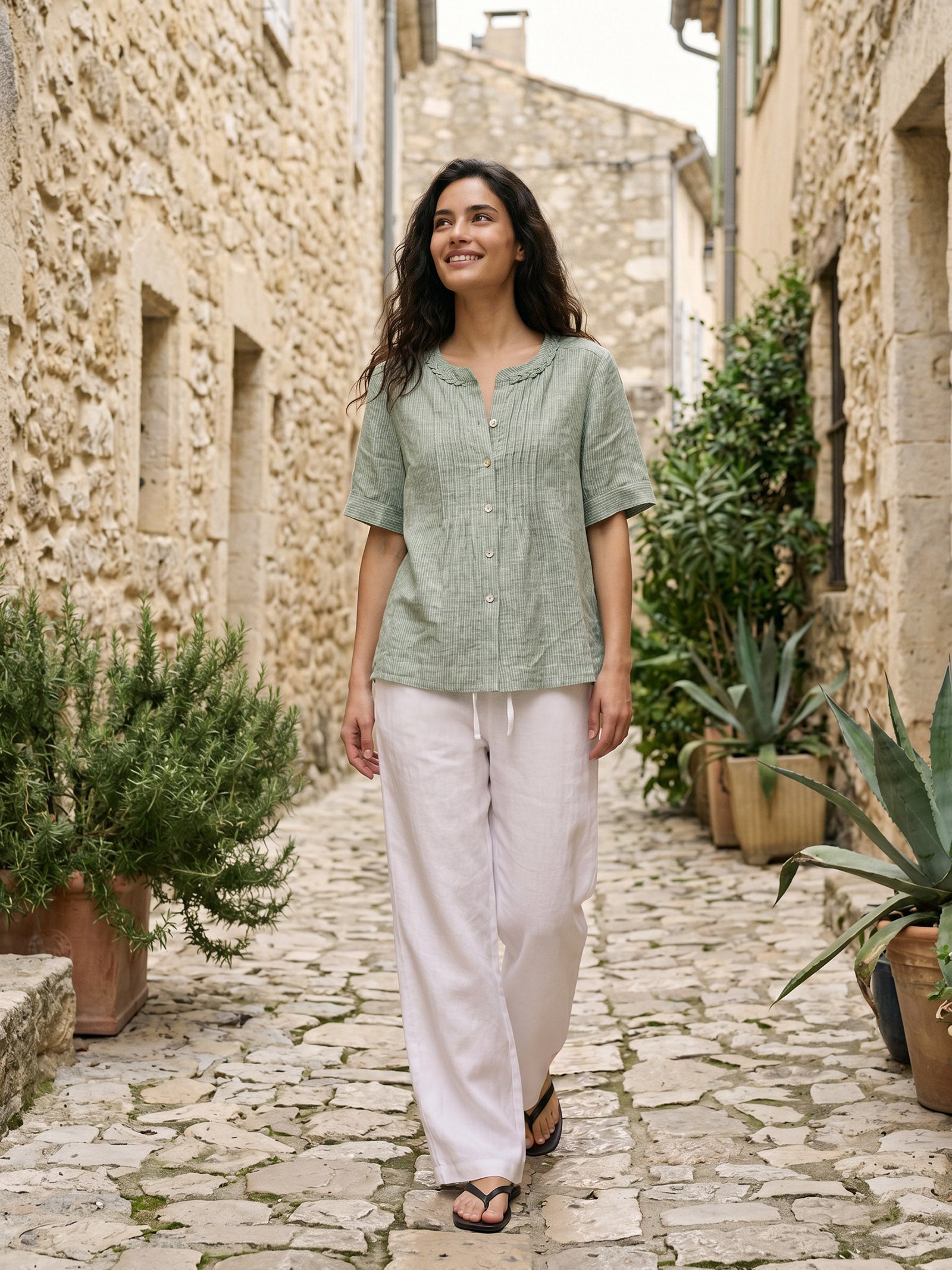 100% Linen Striped Braided Neck Shell Button Top ARDEN by LINTICO for women