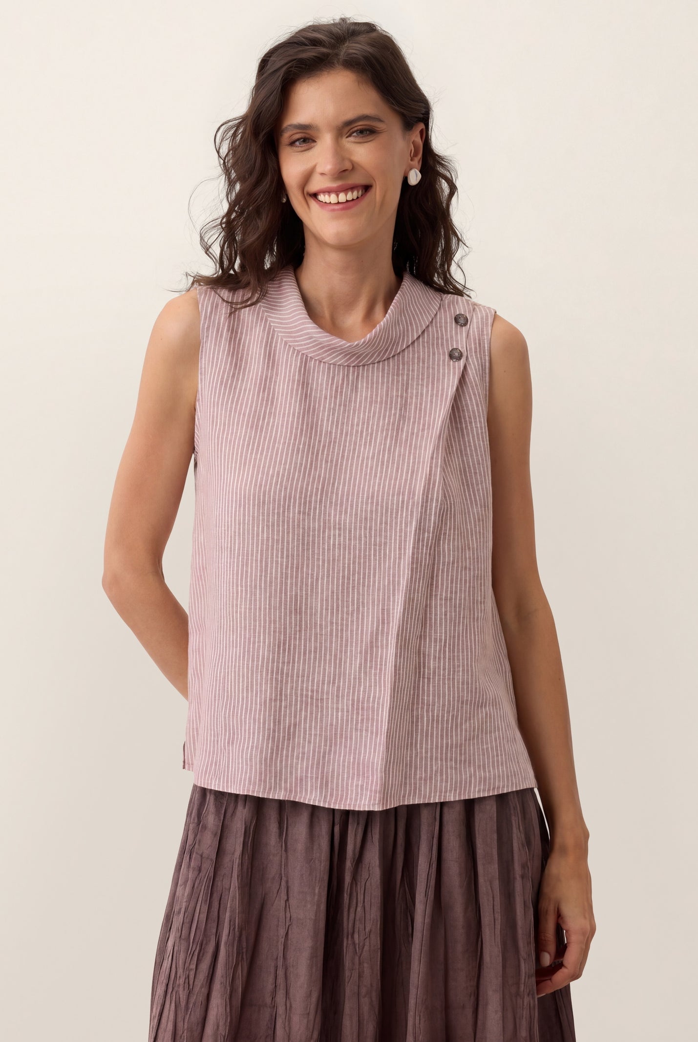 100% Linen Striped Diagonal Pleat Mock Neck Top ESTHER by LINTICO for women