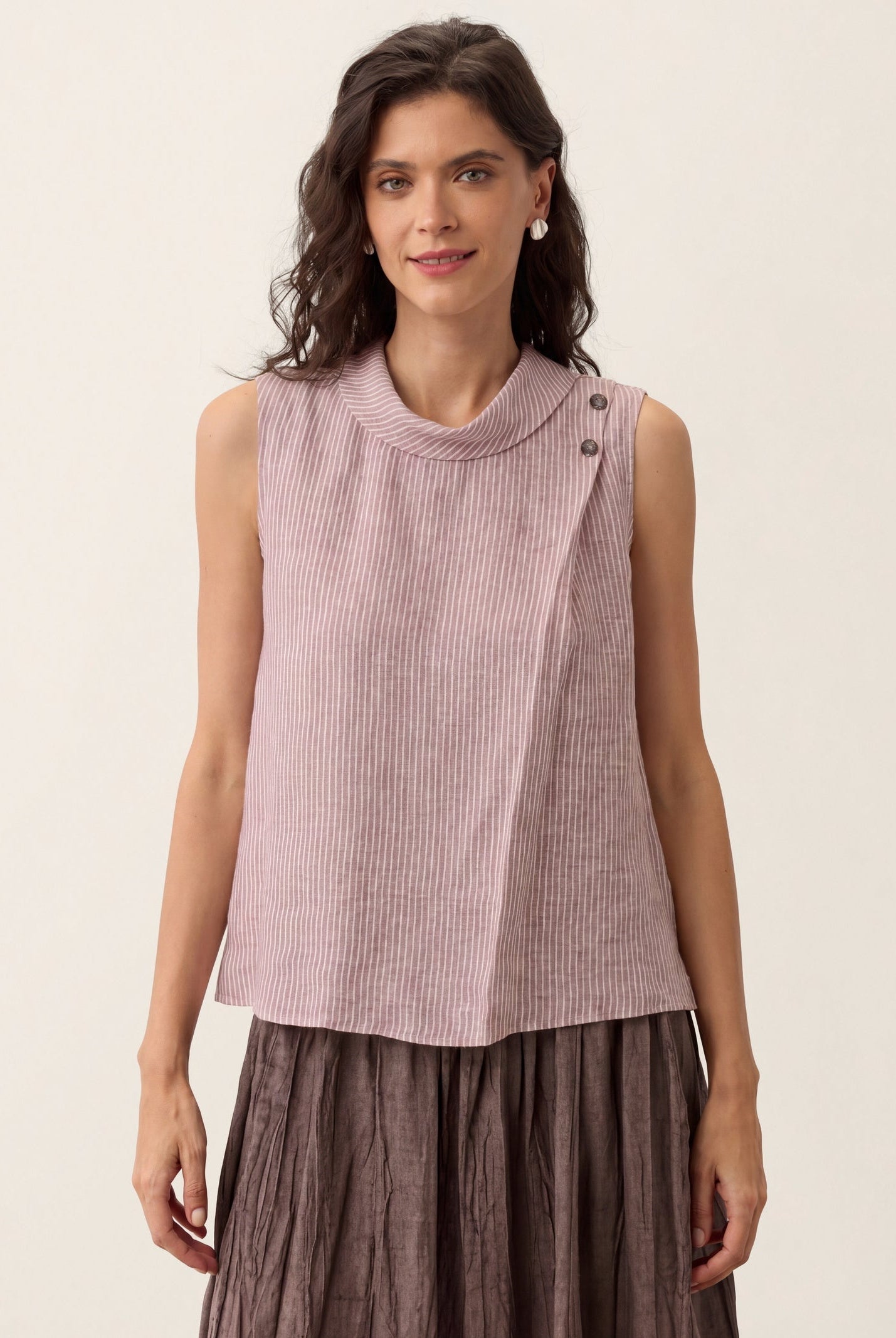 100% Linen Striped Diagonal Pleat Mock Neck Top ESTHER by LINTICO for women