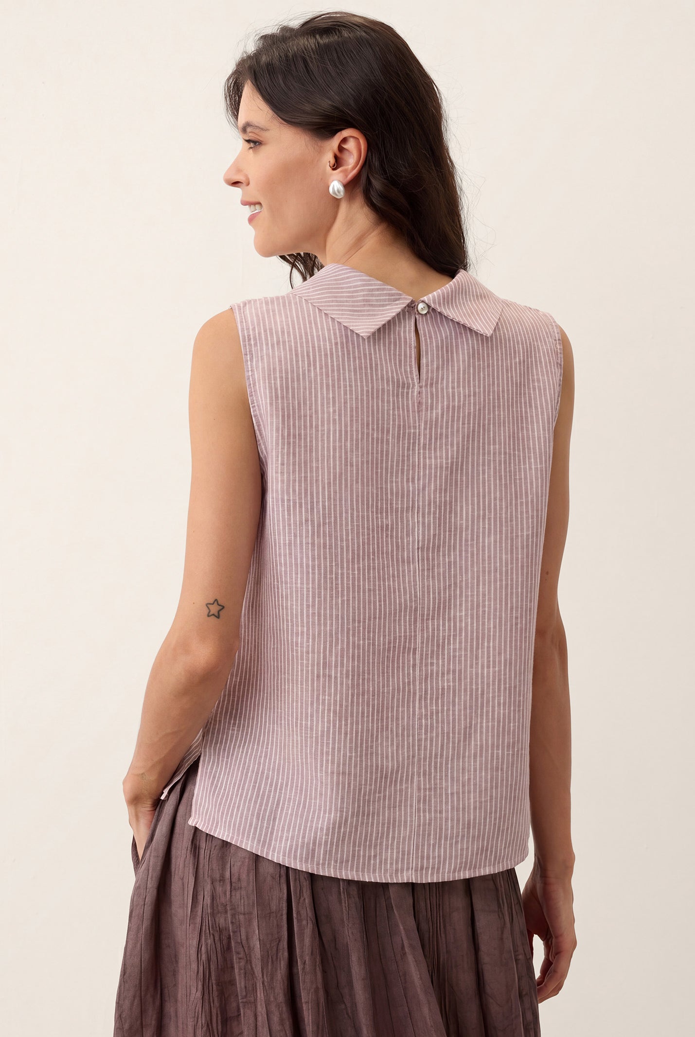 100% Linen Striped Diagonal Pleat Mock Neck Top ESTHER by LINTICO for women