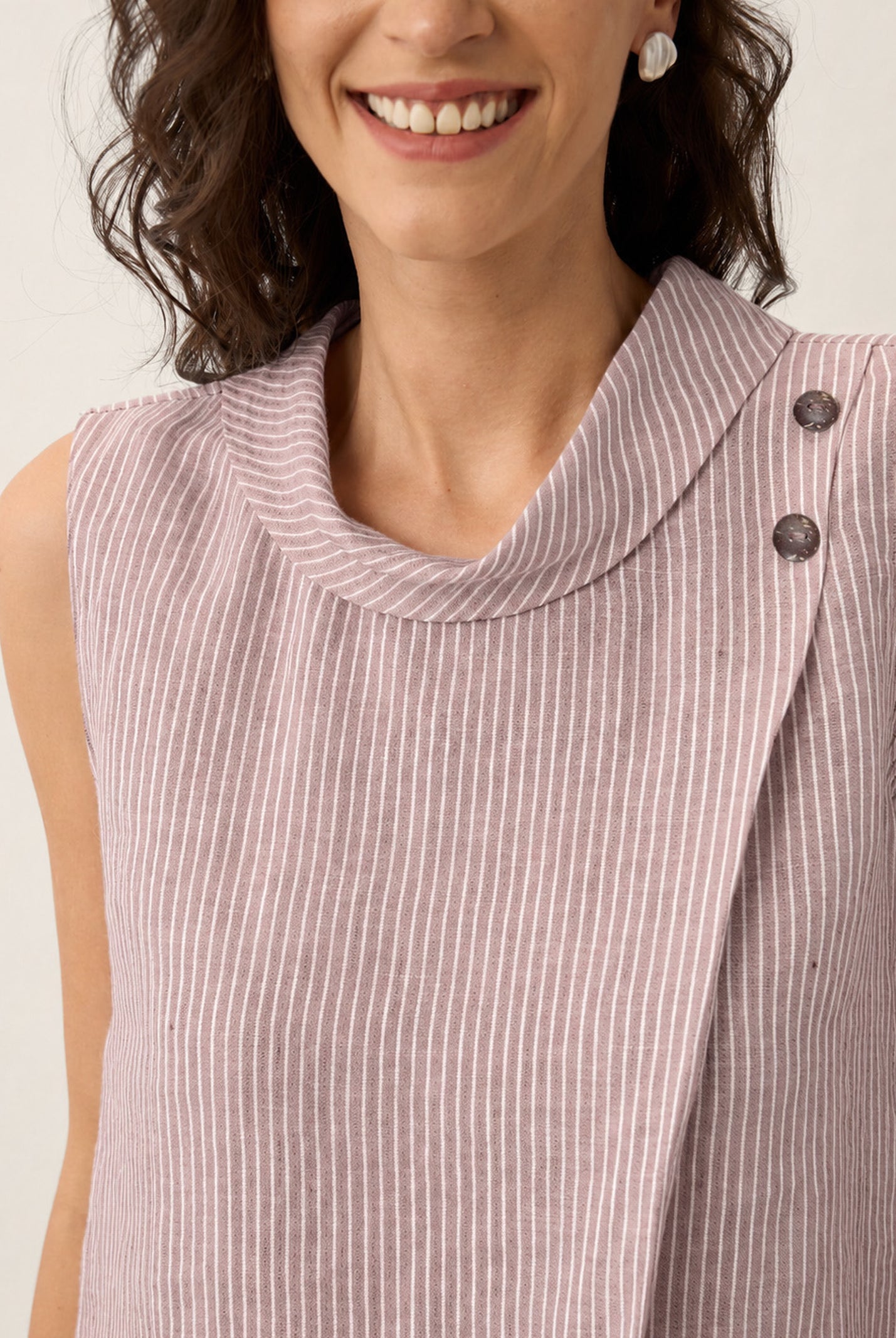 100% Linen Striped Diagonal Pleat Mock Neck Top ESTHER by LINTICO for women