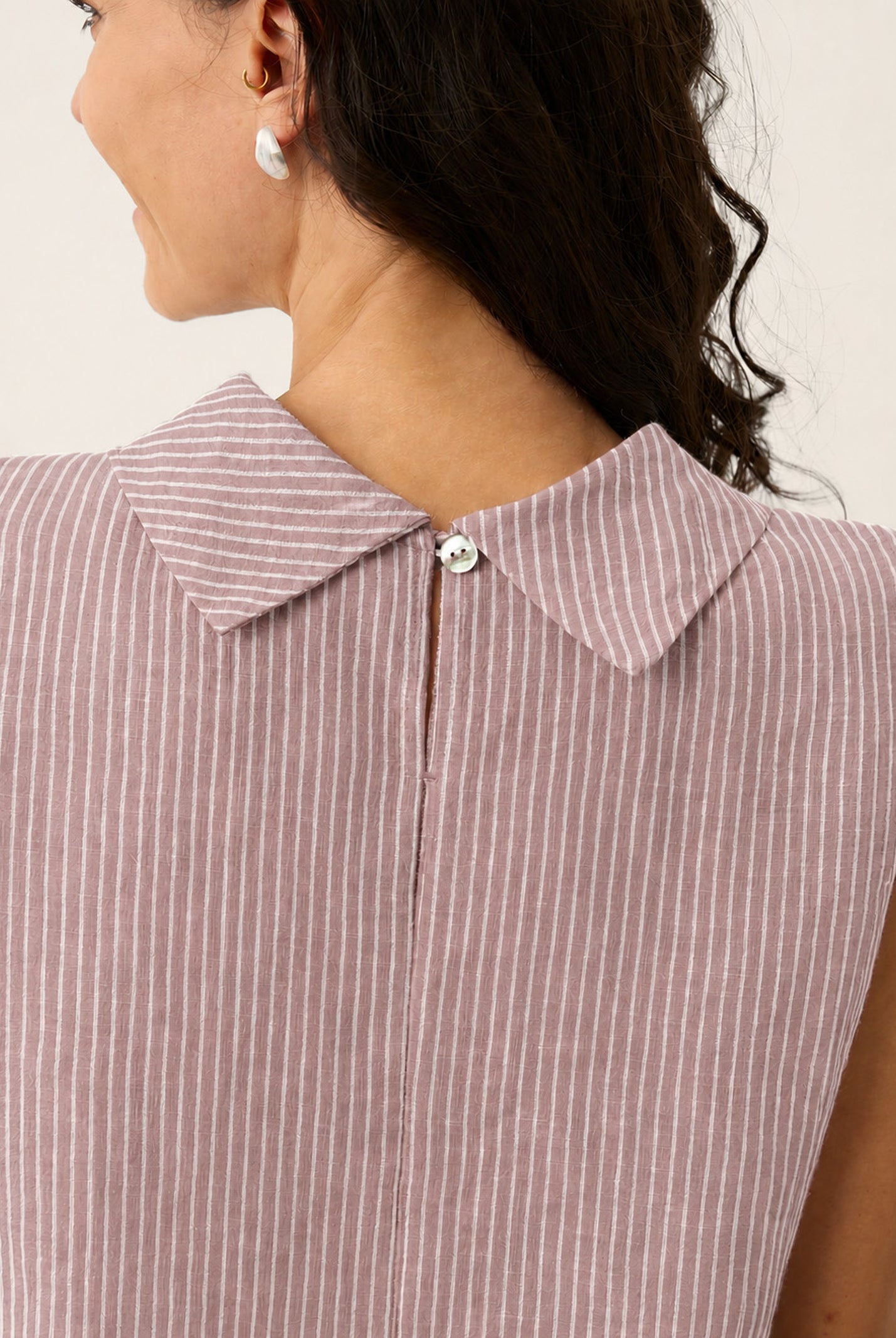 100% Linen Striped Diagonal Pleat Mock Neck Top ESTHER by LINTICO for women