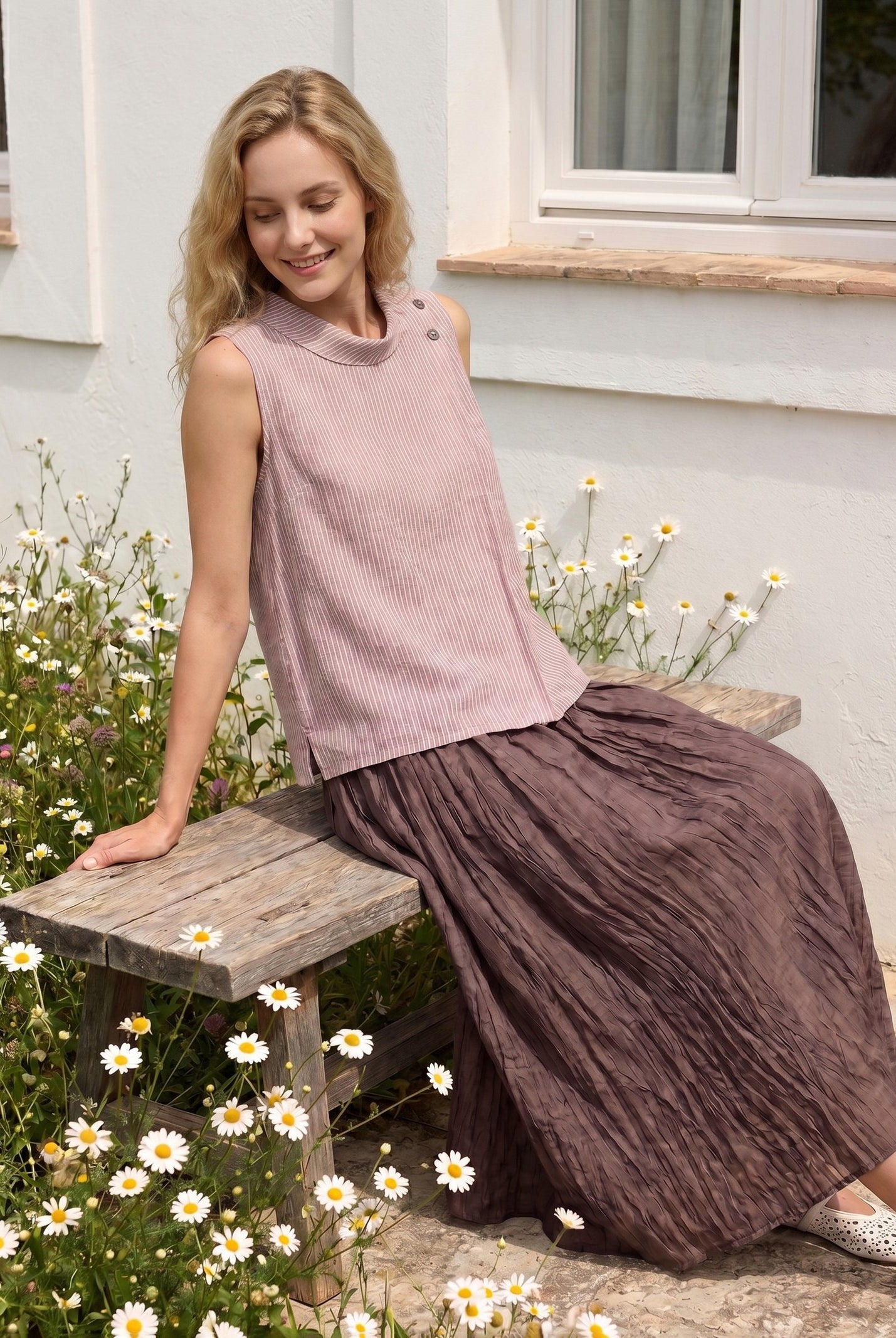 100% Linen Striped Diagonal Pleat Mock Neck Top ESTHER by LINTICO for women