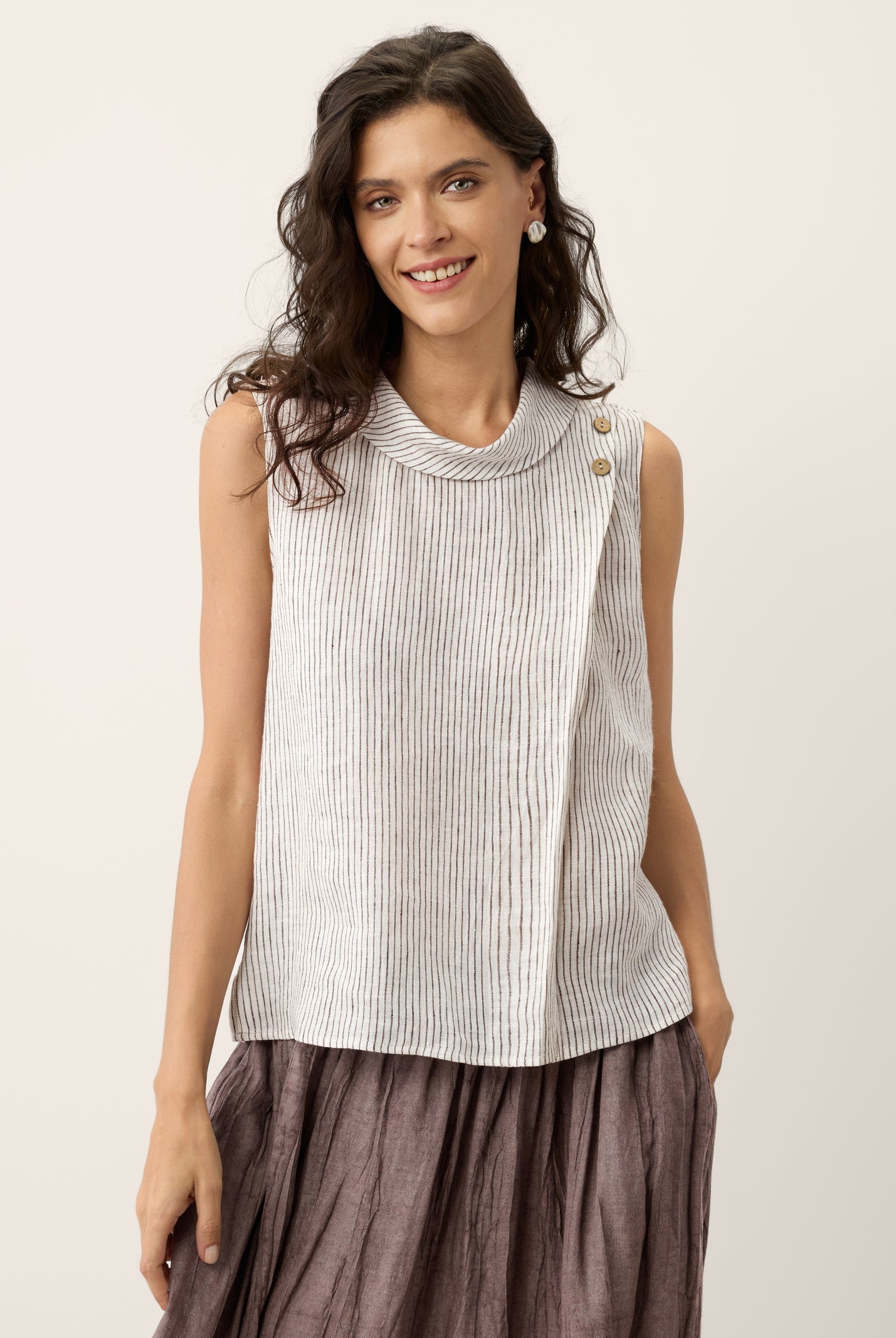 100% Linen Striped Diagonal Pleat Mock Neck Top ESTHER by LINTICO for women